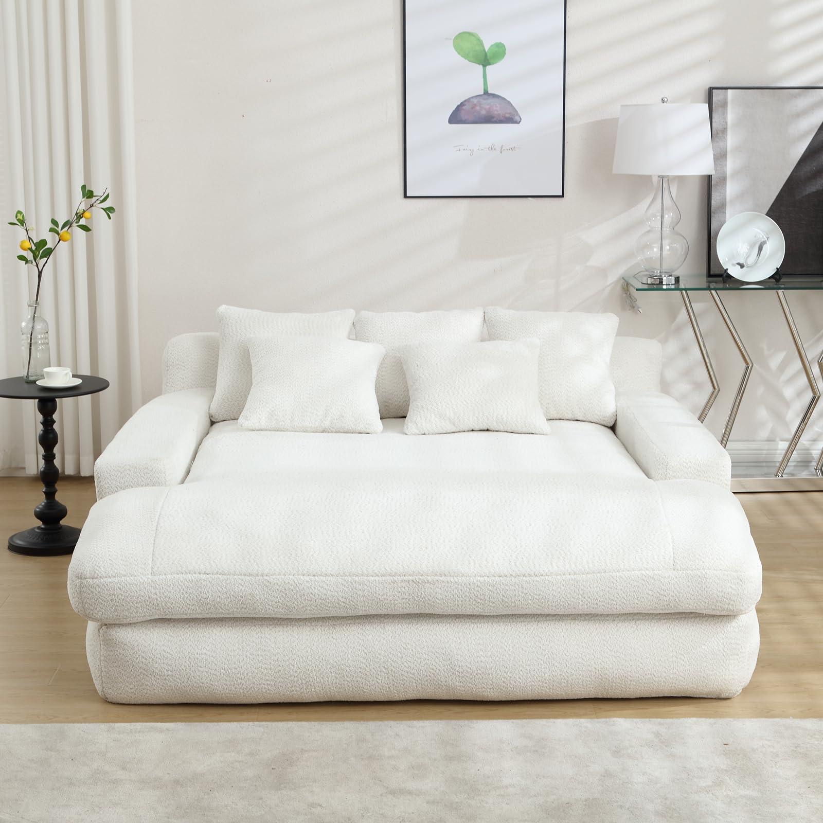 GEEVIVO Oversized Chaise Lounge Chair Indoor,52" Upholstered Cozy Chenille Sofa,Comfy Cloud Sofa with 5 Pillows,Modern Lounge Couch,Deep Seat Sofa,Loveseat Sleeper Chair Sofa Bed for Living Room(White)