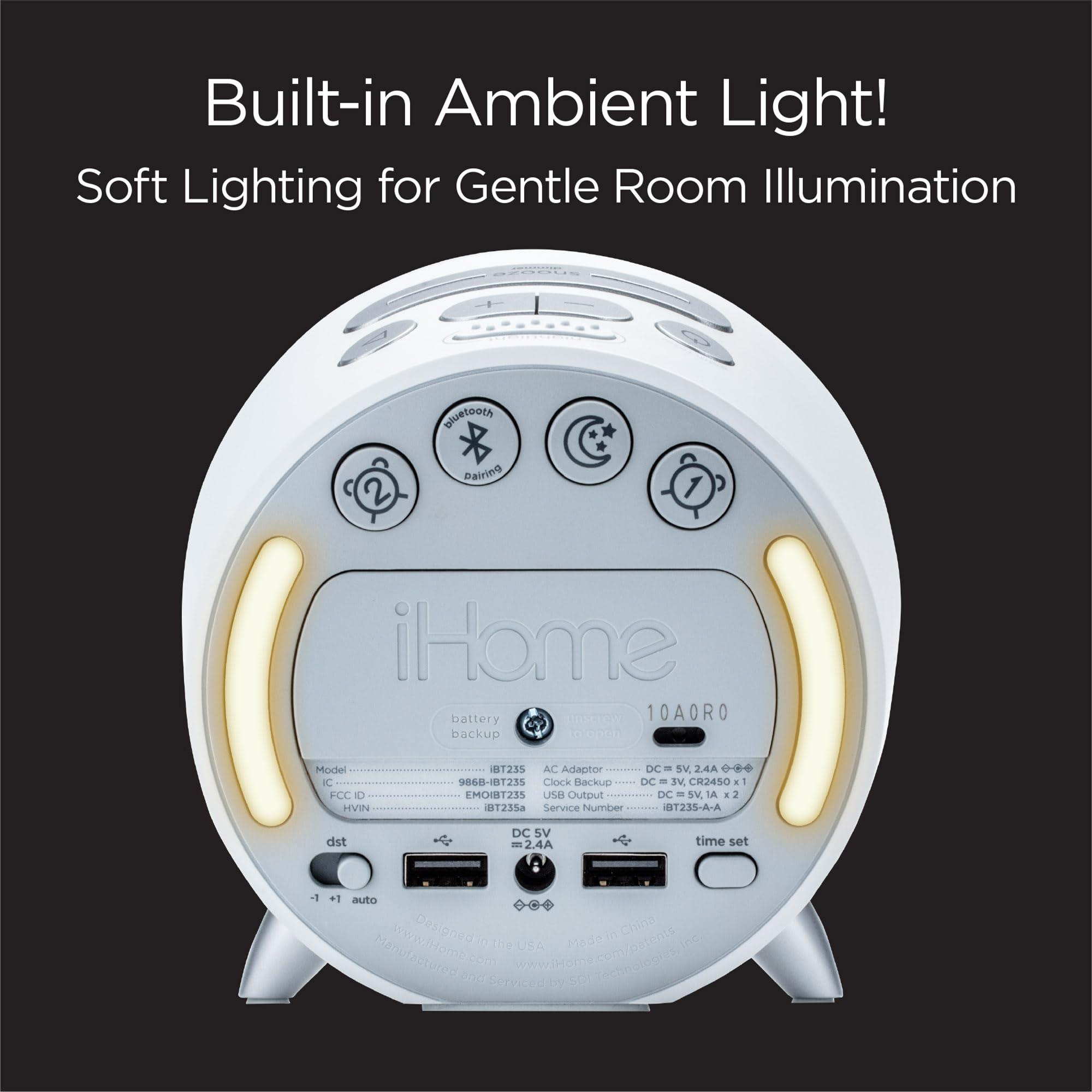 iHome iHome Bluetooth Alarm Clock with USB Charging and Ambient Night Light, Digital Alarm Clock for Bedroom, Home Office, or Dorm (IBT235V2W White)