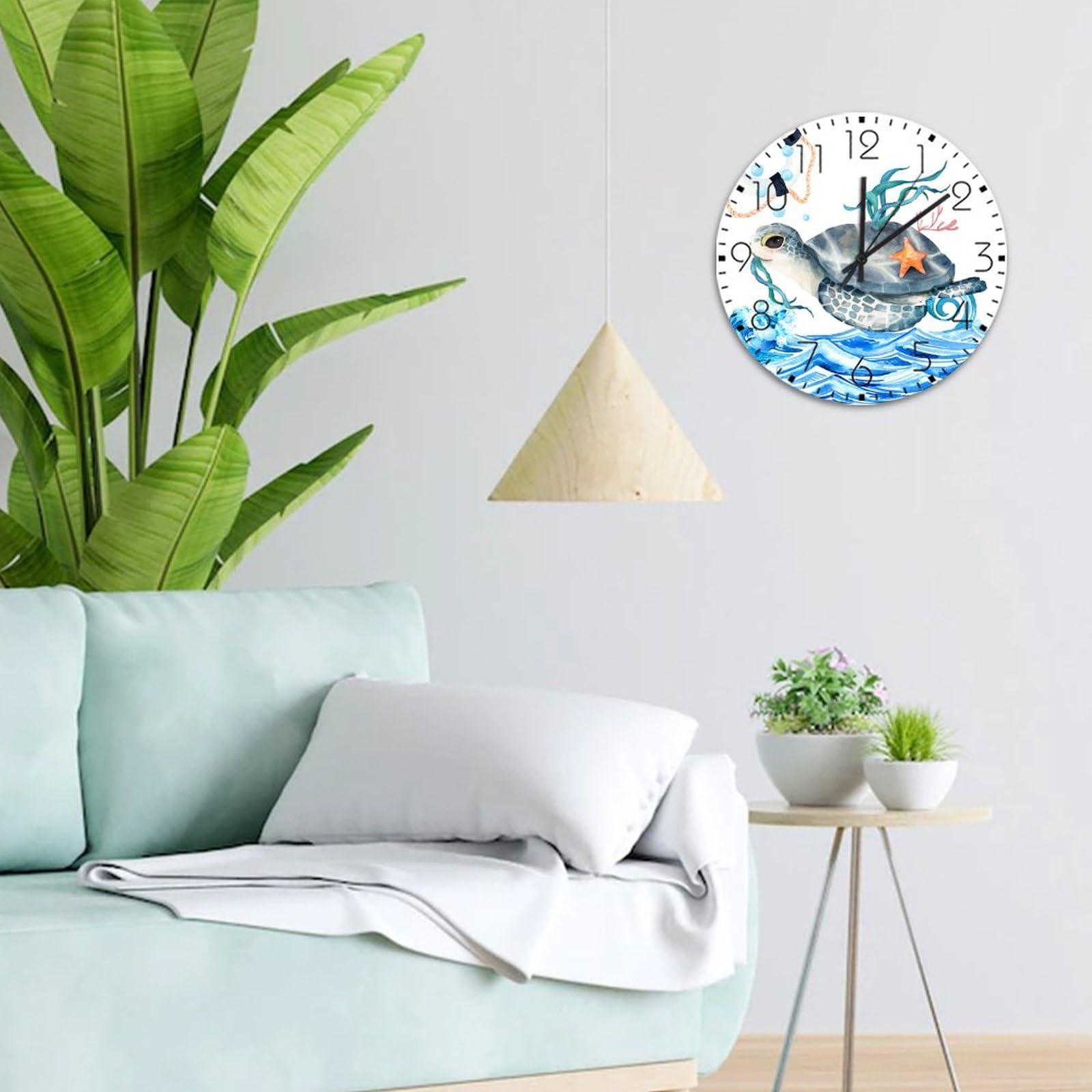 Autravelco Autravelco Wooden Wall Clock Round Silent Non-Ticking Ocean Beach Nautical Theme Underwater Sea Turtle Modern Wall Clocks Ocean Sea Animal Artwork Home Decoration for Yoga Room Home Garden 10 Inch