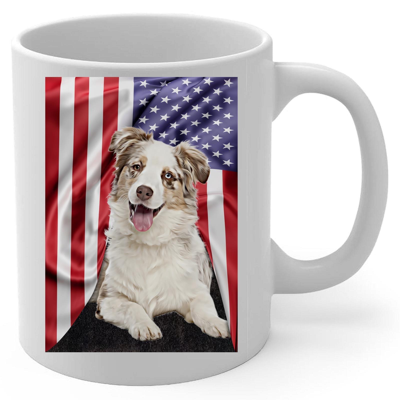 Lovesout Lovesout American Themed Design with Red Merle White Australian Shepherd Coffee Mug White Ceramic Tea Cup 11oz Puppy Owner Gifts