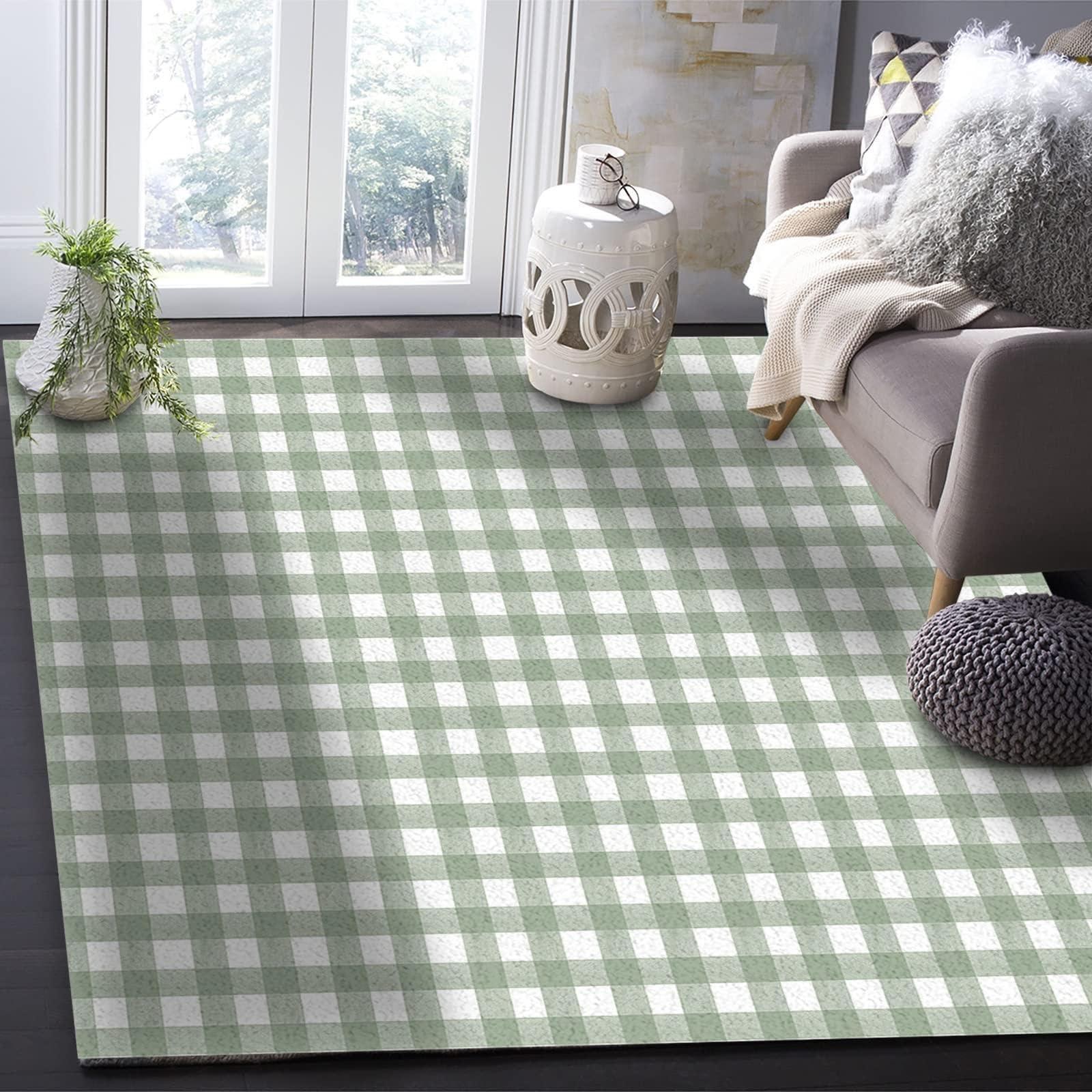 SRAELO SRAELO Sage Green Buffalo Plaid Area Rug, Farmhouse Green White Geometric Plaid Washable Rugs, with Anti-Slip Backing Indoor Large Carpet for Living Room Bedroom Study Dining Room-3x5ft, Style-17