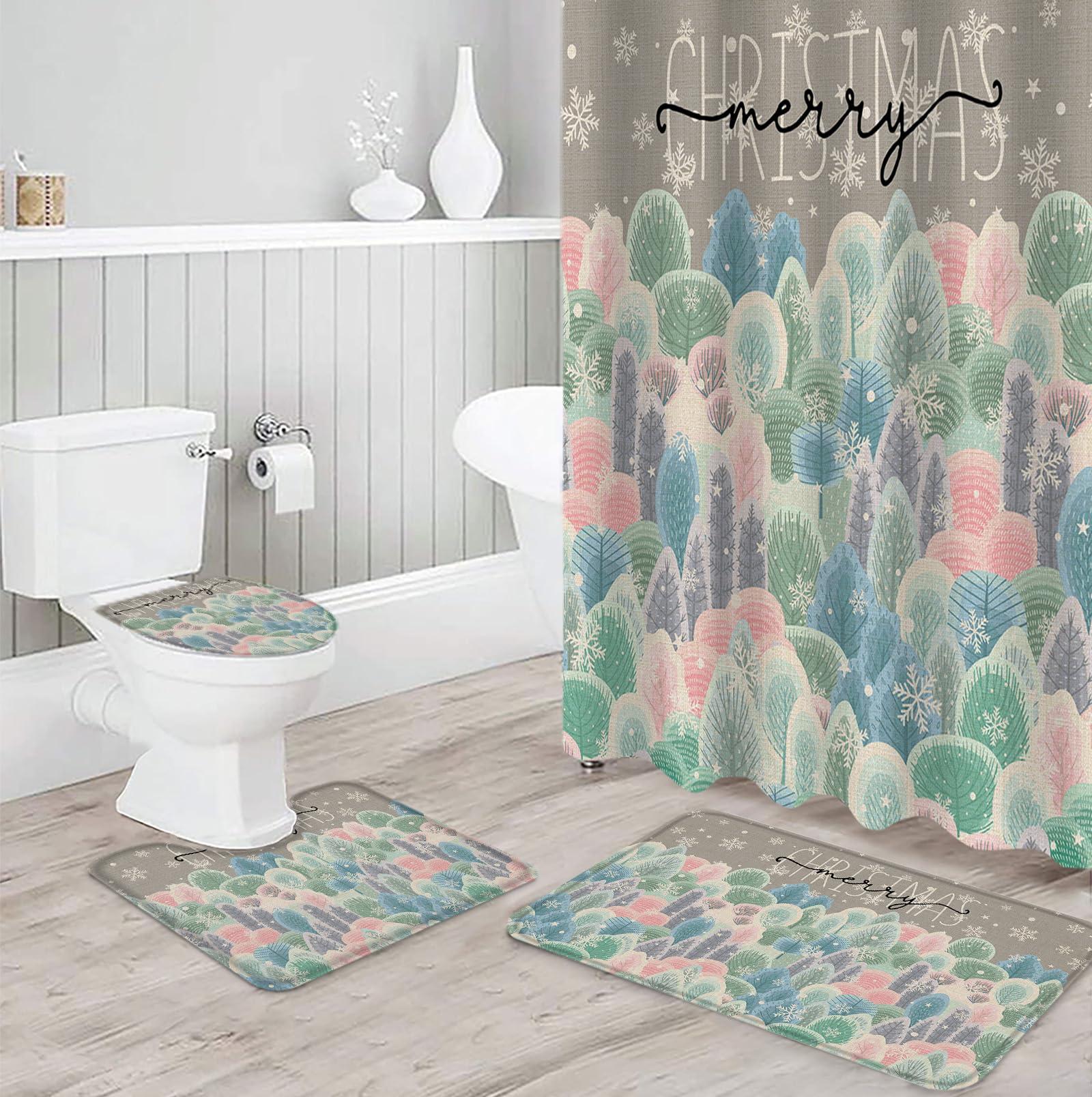 ZOE GARDEN Christmas Bathroom Set with Shower Curtain Rug Accessories,72x72 Inches Long Curtain with Large Bath Mat,Washable Floor Runner Rug Set,Hooks Winter Forest Snowy Xmas Rainbow Tree Snowflakes