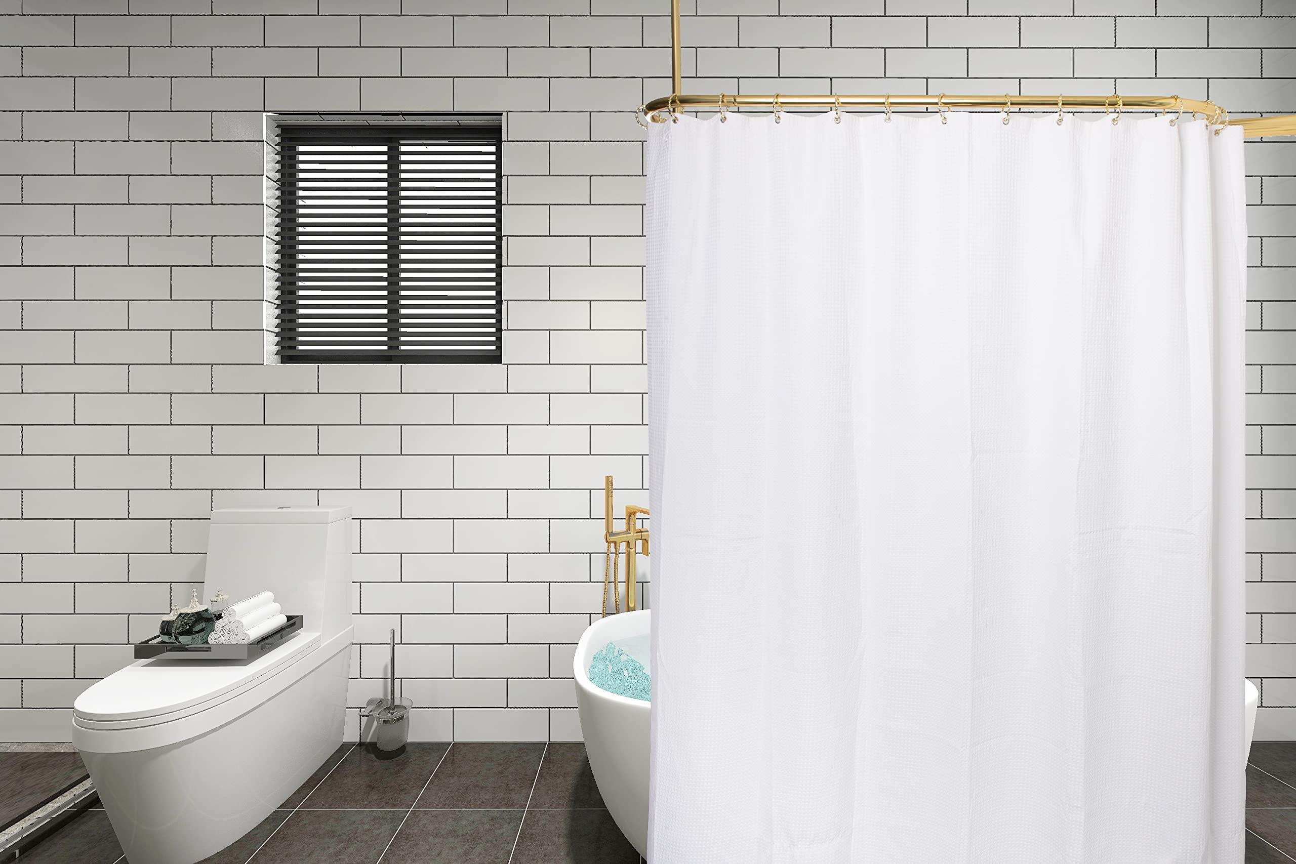 Utopia Alley Utopia Alley Rustproof Aluminum Hoop Shower Rod With Ceiling Support for Clawfoot Tub, 45.7 Inch Size by 22 Inch, Gold + White Shower Curtain 180x70inch