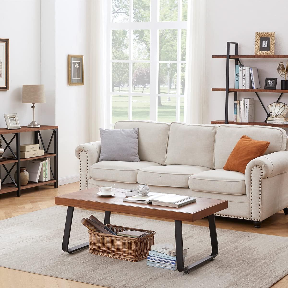 IBF IBF Natural Wood Coffee Table, Rustic Solid Real Wood Center Table for Living Room, Rectangle Metal Modern Industrial Minimalist Wooden Cocktail/Tea Table, Rustic Brown, 47 Inch