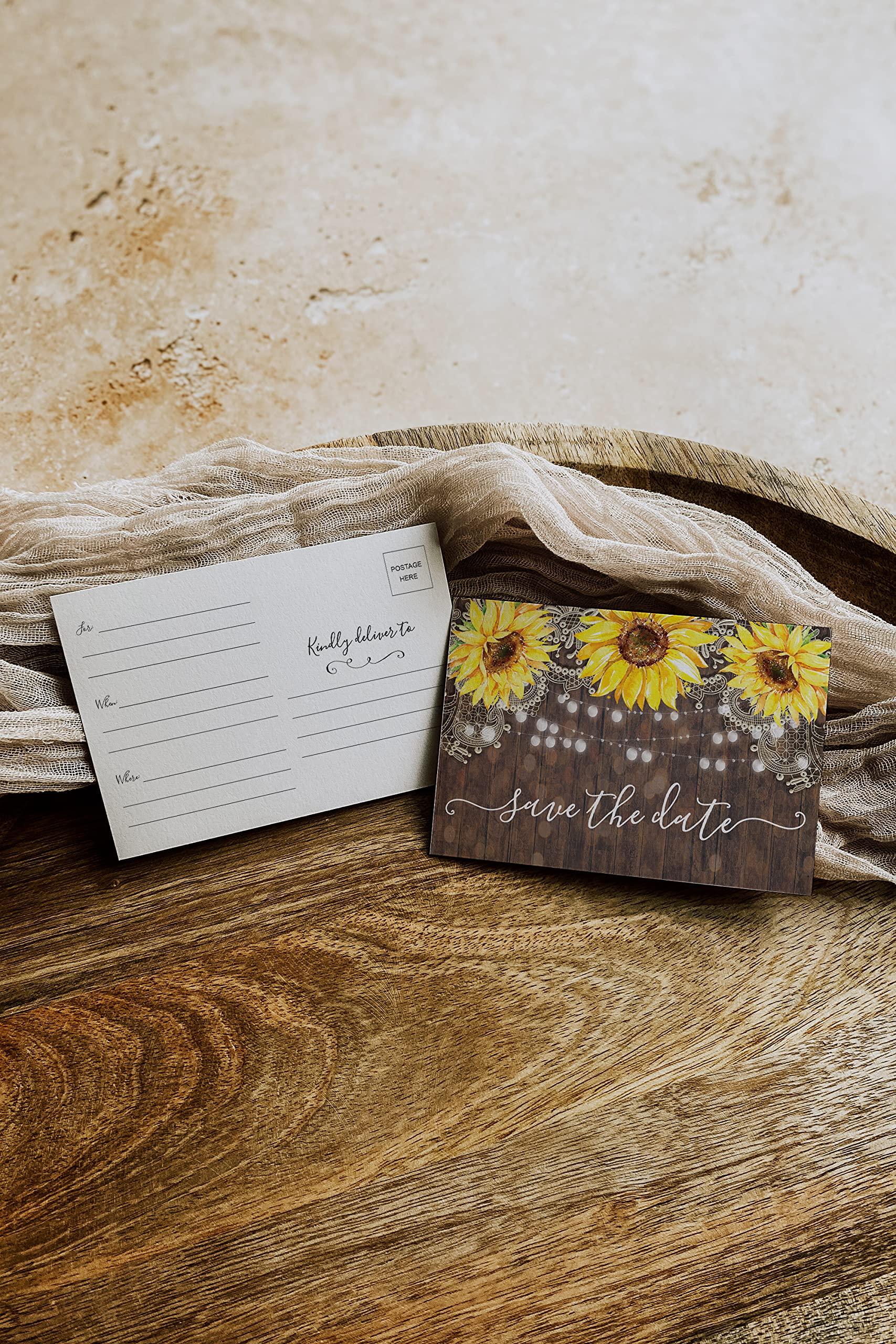 Your Main Event Prints Your Main Event Prints 50 Sunflower Save The Date Cards for Wedding, Engagement, Anniversary, Baby Shower, Birthday Party - Wood Save The Dates Postcard Invitations - 4x6, No Envelopes Needed