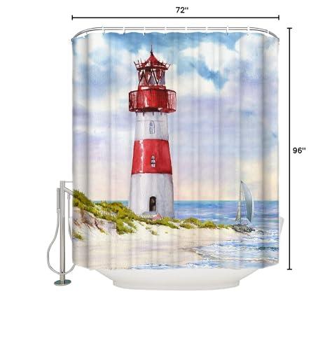 ZOE GARDEN Light-House Shower Curtain Set with Hook 72\"x96\",Washable Cloth Polyester Fabric Shower+Curtain,Waterproof Bath Curtains for Bathroom,Bathtubs Decor Accessories Summer Sea Ocean Nautical Sailboat