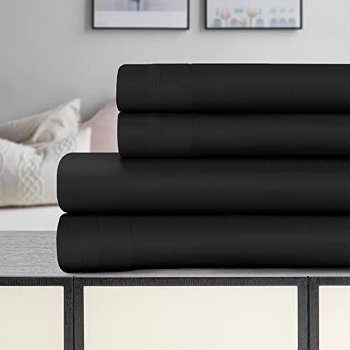 SUPERIOR Superior Egyptian Cotton 4 Piece Sheet Set, Luxury 1500 Thread Count, Eco-Friendly, Sustainable Sheets, Ultra-Soft Basics, Solid, Deep Pocket Fitted Sheet, Flat Sheet, Pillowcases, Queen, Black