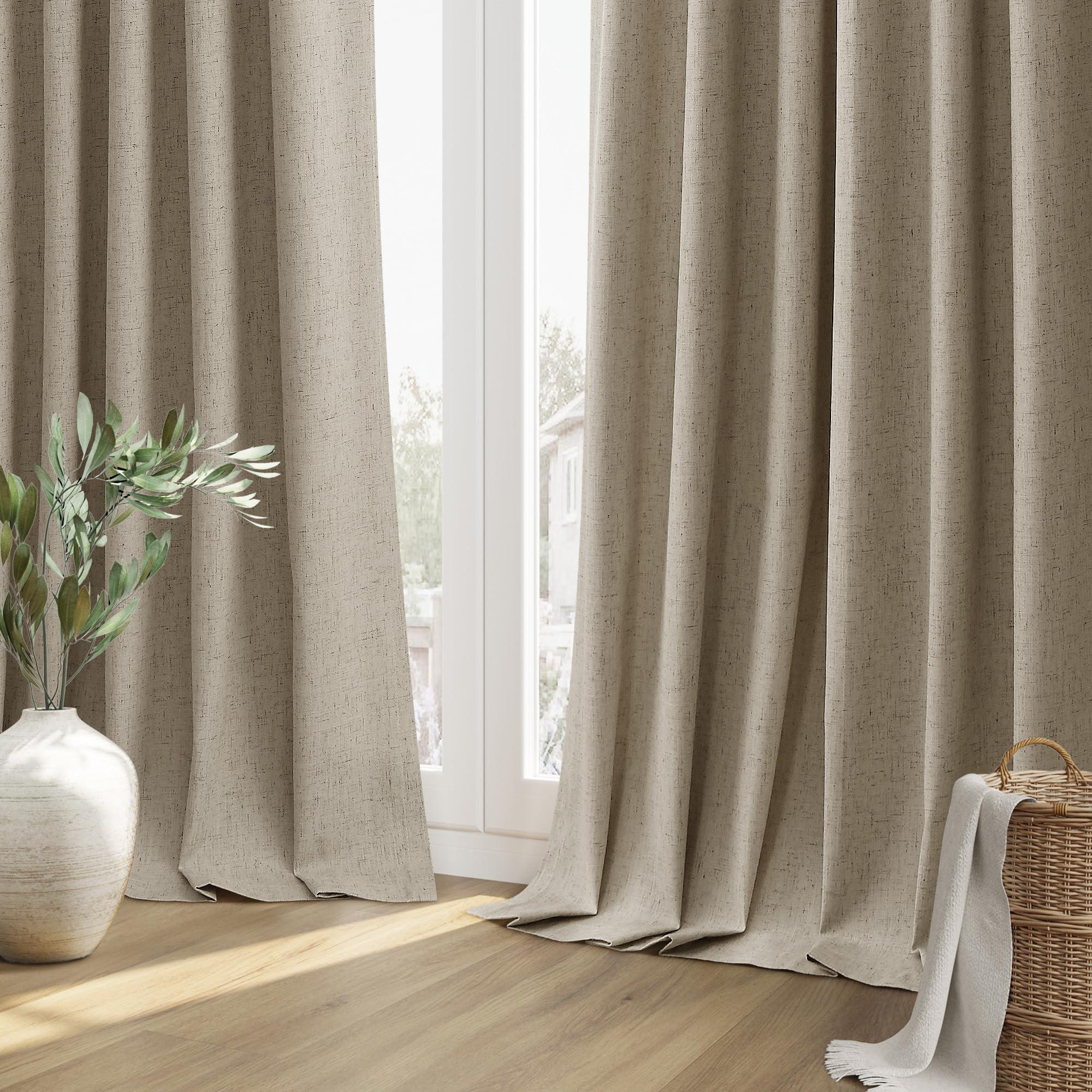 Guken Guken Burlap Blackout Curtains 108 Inch Length 2 Panels Set for Living Room Bedroom Back Tab Thermal Insulated 100% Black Out Linen Drapes Room Darkening Window Curtains 108 Inches Long Burlap