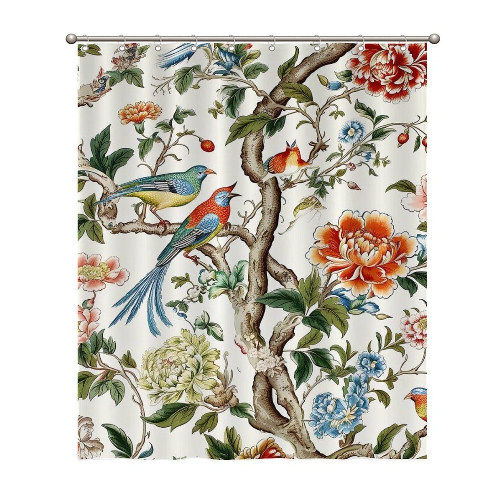 MangGou MangGou Asian Scenic Chic Chinoiserie Shower Curtain 60x72inch Bird in Peony Tree Coral Flower Polyester Bath Curtain with Hooks Red Peony Flower Animal Bird Waterproof Bathroom Shower Curtain