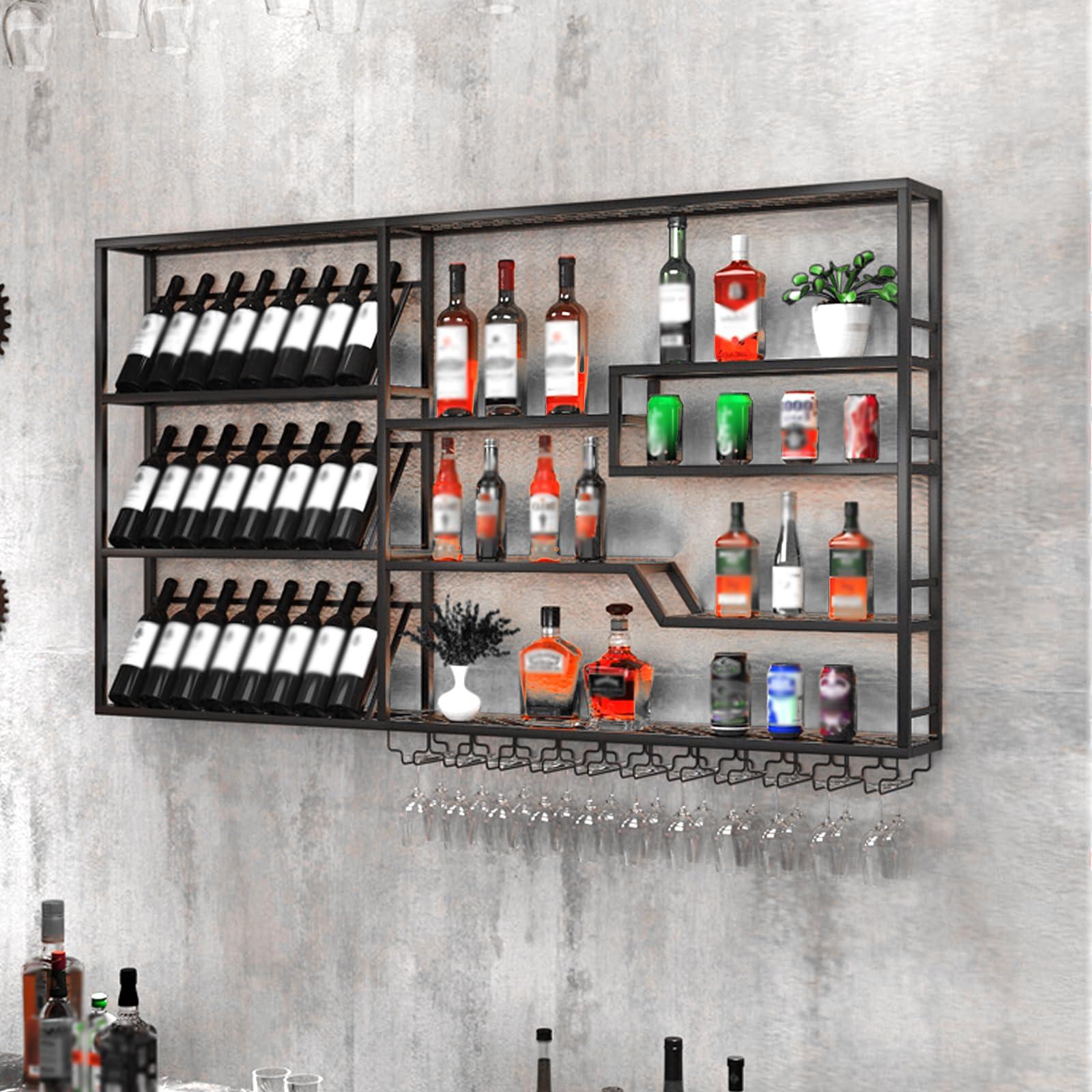 Takpylia Takpylia Metal Wall Mounted Wine Rack, Bottle Glass Holder Display Shelf Decorative Bar Shelves, Bar Liquor Wine Glass Rack, Modern Wine Storage Organizer, Wine Bottle Shelf (A, 160cm/62.9in)
