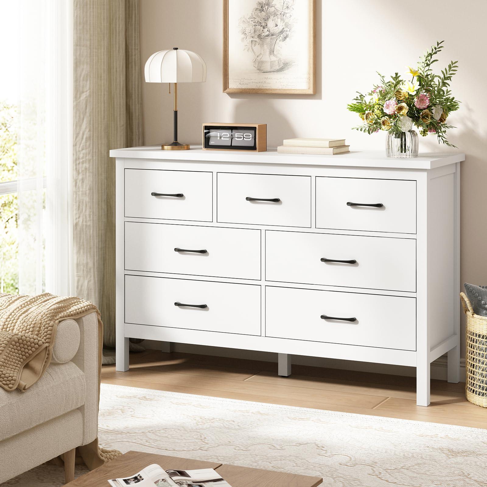Tradare Tradare White Dresser for Bedroom with 7 Drawer,Wooden Double Dresser with Metal Handles, Wide Chest of Organizer Storage Drawers for Living Room, Hallway, Entryway