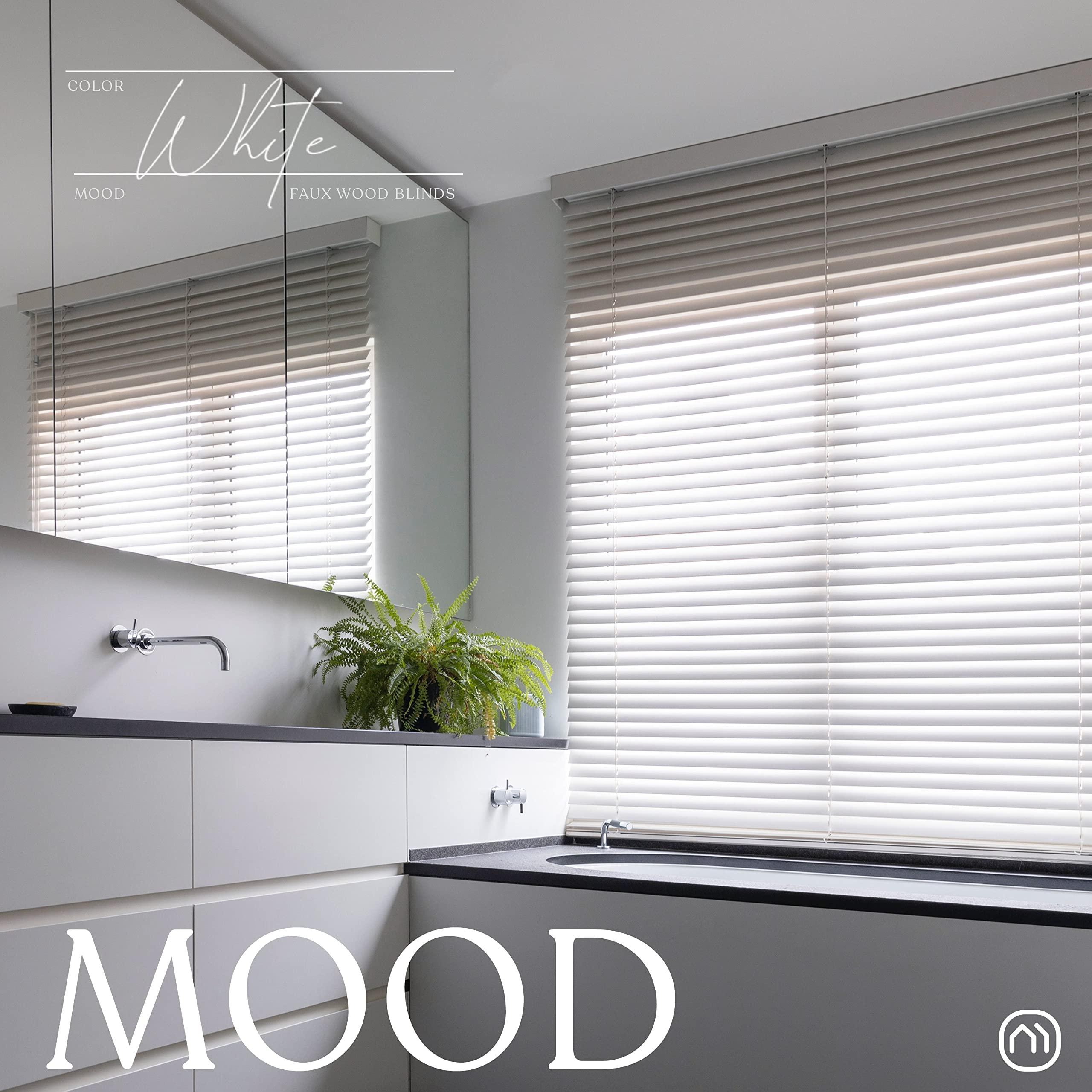 Mood MOOD Architectural Faux Wood Window Blinds | Driftwood Embossed 2 inch White Wooden Blinds | 23 inch Wide Blinds for Windows | Custom Made Cordless Blackout | White | 23" Wide x 72" Tall
