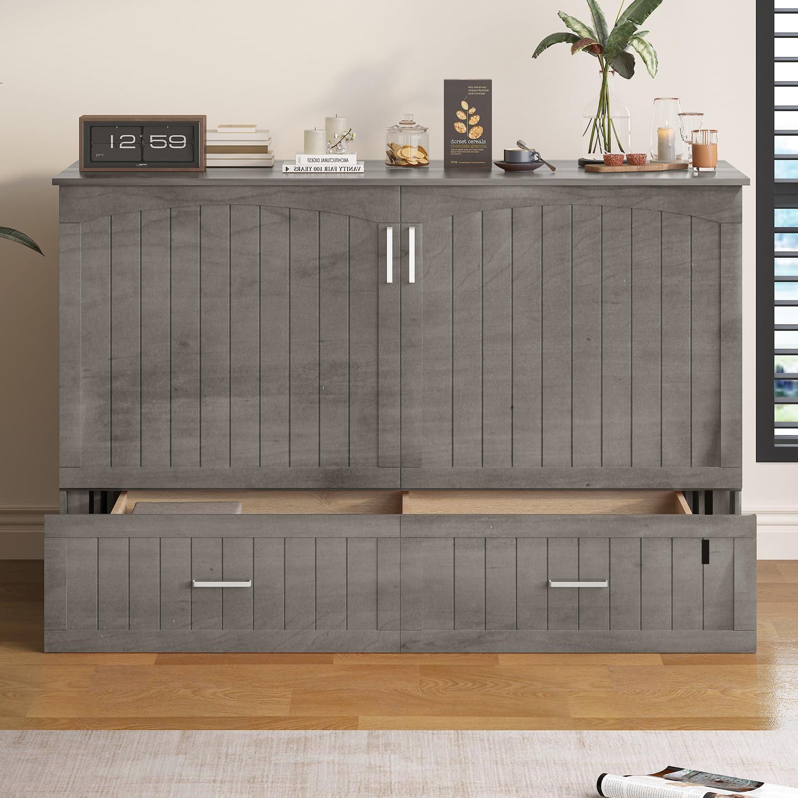 BALUS BALUS 64\" W Murphy Bed Cabinet with Mattress,Murphy Bed Queen,Modern Muti-Functional Cube Cabinet Bed 2 Large Drawers&3 Level Folding Foam Mattress for Living Room/Apartment/Loft (Stone Grey)