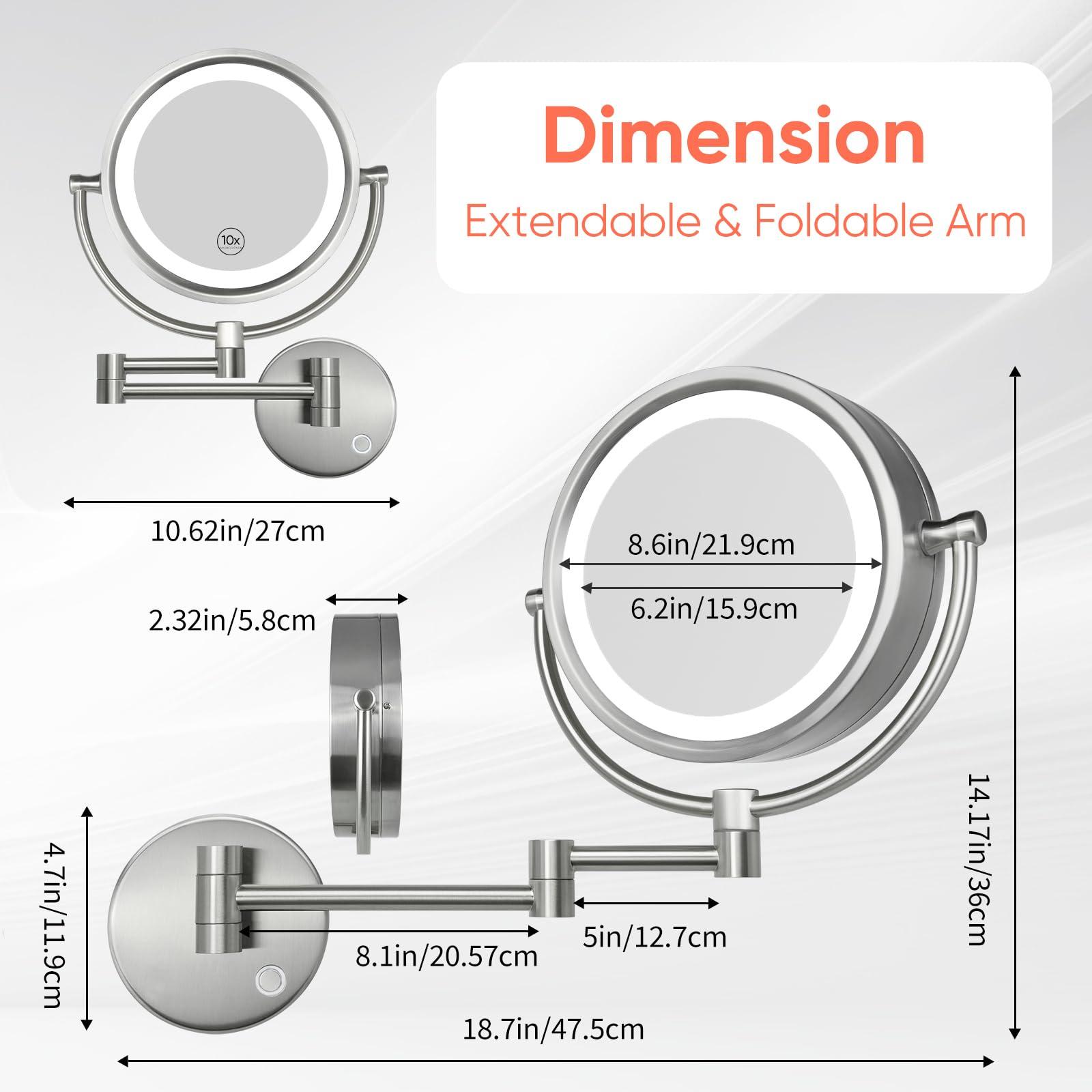 GURUN GURUN Wall Mounted Hardwired Makeup Mirror with 3 Dimmable LED Lights 10x Magnifying Mirror for Bathroom Touch Control 13\" Extendable Arm Direct Wire Brushed Nickel M1809DN (10x,Nickel)