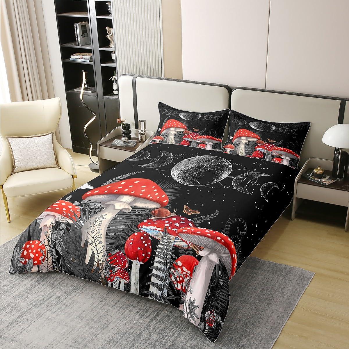 Castle Fairy King Size 3 Pcs Red Mushroom Duvet Cover 100% Cotton Sun Moon Exotic Starry Galaxy Bedding Set for Kids Teens Adults Wild Botanical Burgundy Plants Comforter Cover with 2 Pillowcases(No Comforter)