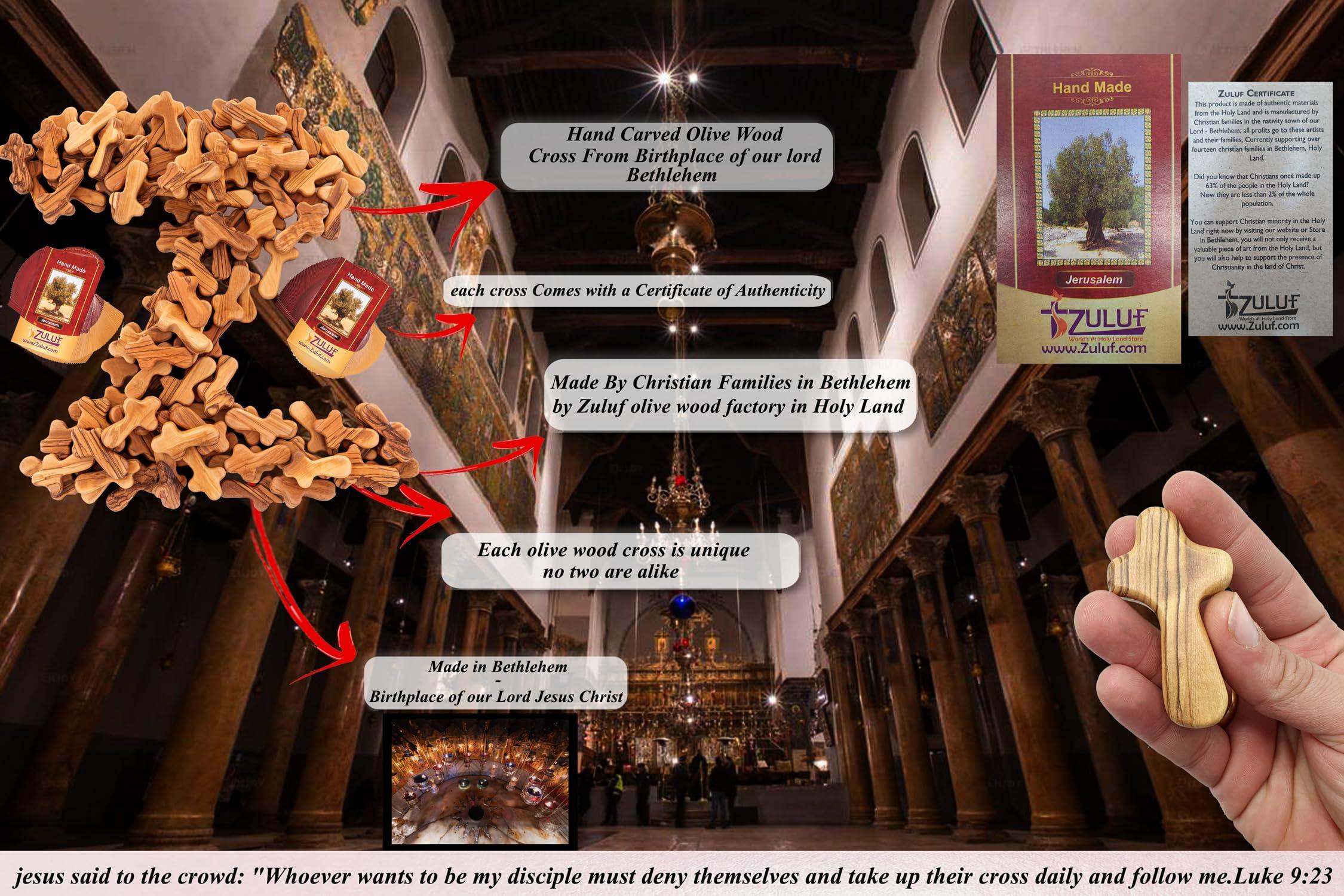 Zuluf Zuluf 100 Small Olive Wood Comfort Crosses from Bethlehem Israel | Pocket Holding Crosses | Comes With 100 Holy Land Certificates 6cm / 2.5 Inch Each Cross - CRS301