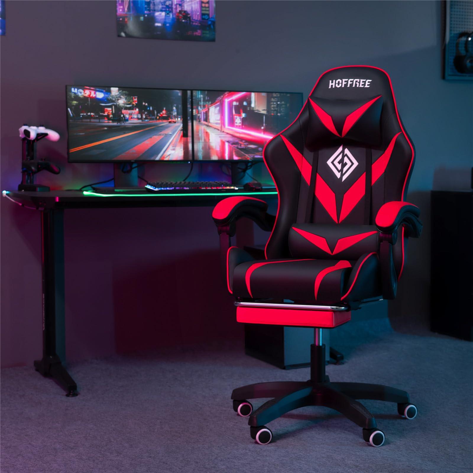 HOFFREE HOFFREE Massage Gaming Chair for Kids Computer Gamer Chair with Footrest and Lumbar Support Reclining PC Game Chair with Headrest for Gaming Room Red and Black