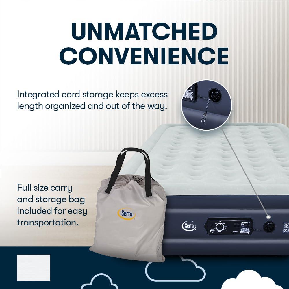 Serta Serta Raised Air Mattress with Never Flat Pump | Size: Queen 18\" | Luxury Inflatable Mattress with Built in Air Pump to Ensure a Good Nights Rest | Heavy Duty Blow Up Mattress with Self Inflating Pump