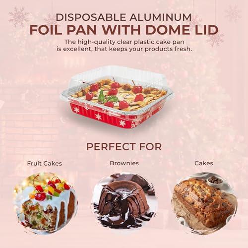 Durable Packaging Durable Packaging Disposable Aluminum Foil Red Holiday Cake Pan with Clear Dome Lid - 8 x 8 Inches - Perfect for Baking, Cooking - 9101X, 50 Count