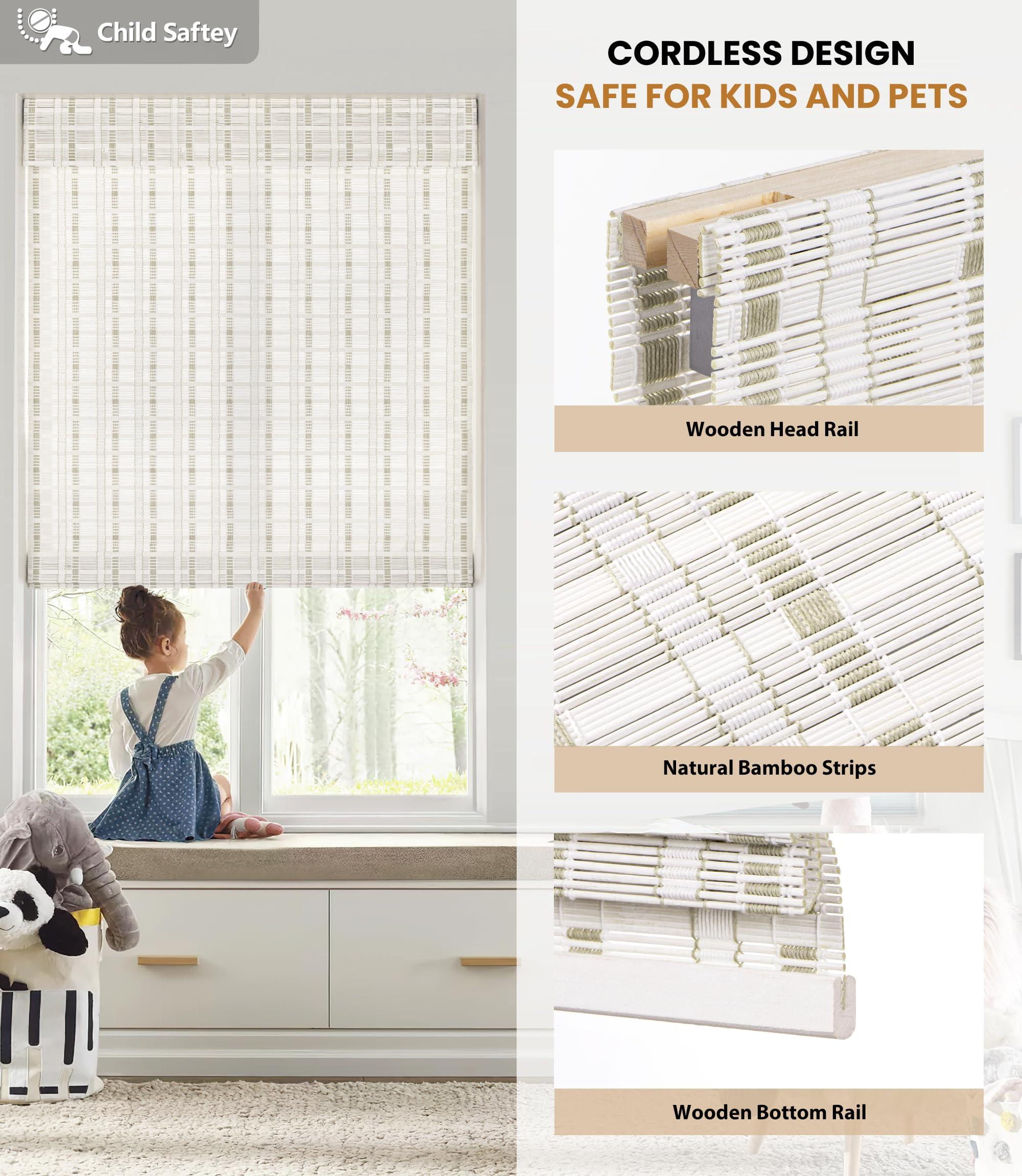 LazBlinds LazBlinds No Tools No Drill Cordless Bamboo Roman Shades, Light Filtering Window Treatment, Roll Up Bamboo Blinds for Window 39'' W x 64'' H, Whitewash B