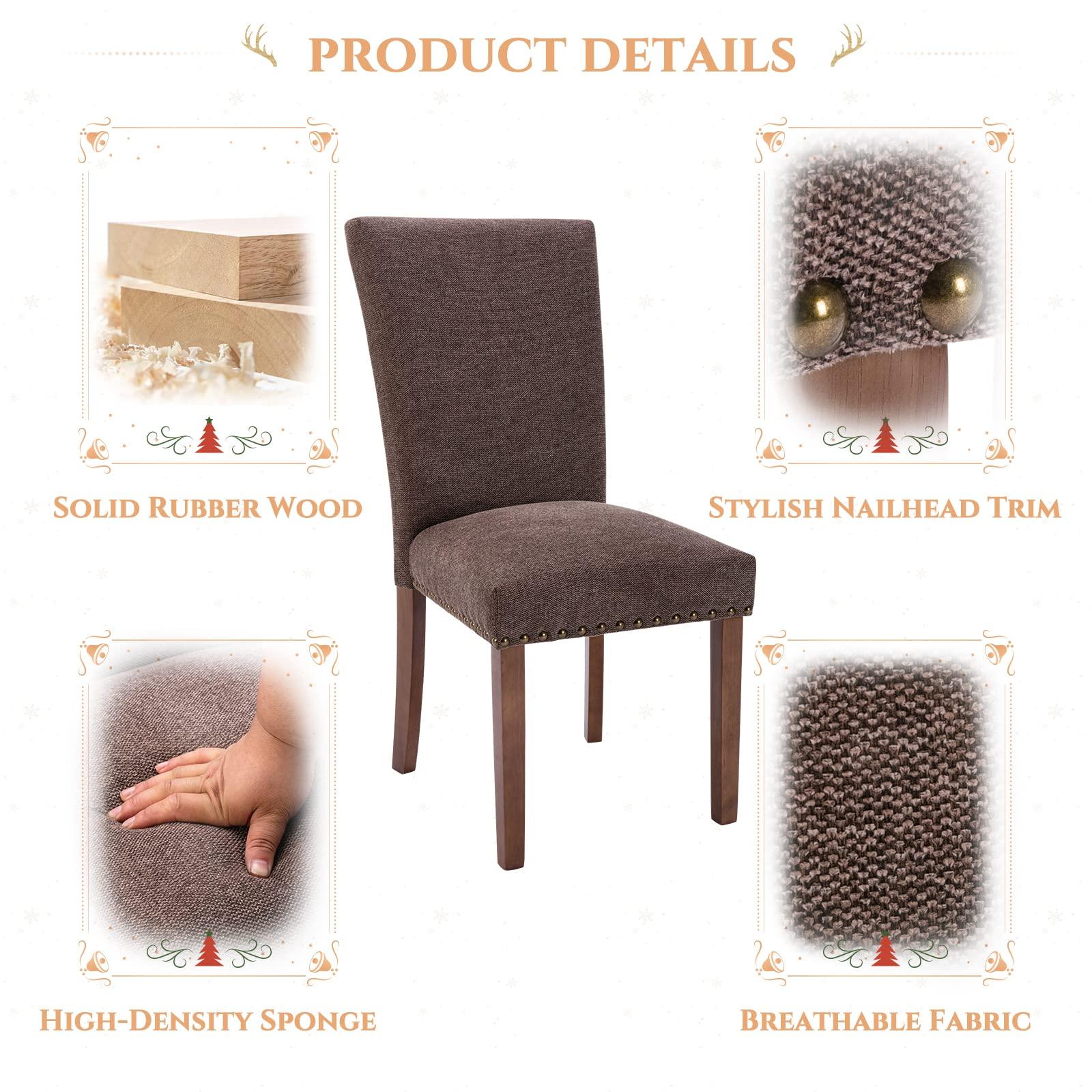 COLAMY Parsons Dining Chairs Set of 6, Upholstered Nailhead Dining Room Kitchen Side Chair with Thick Cushions and Wood Legs, Brown