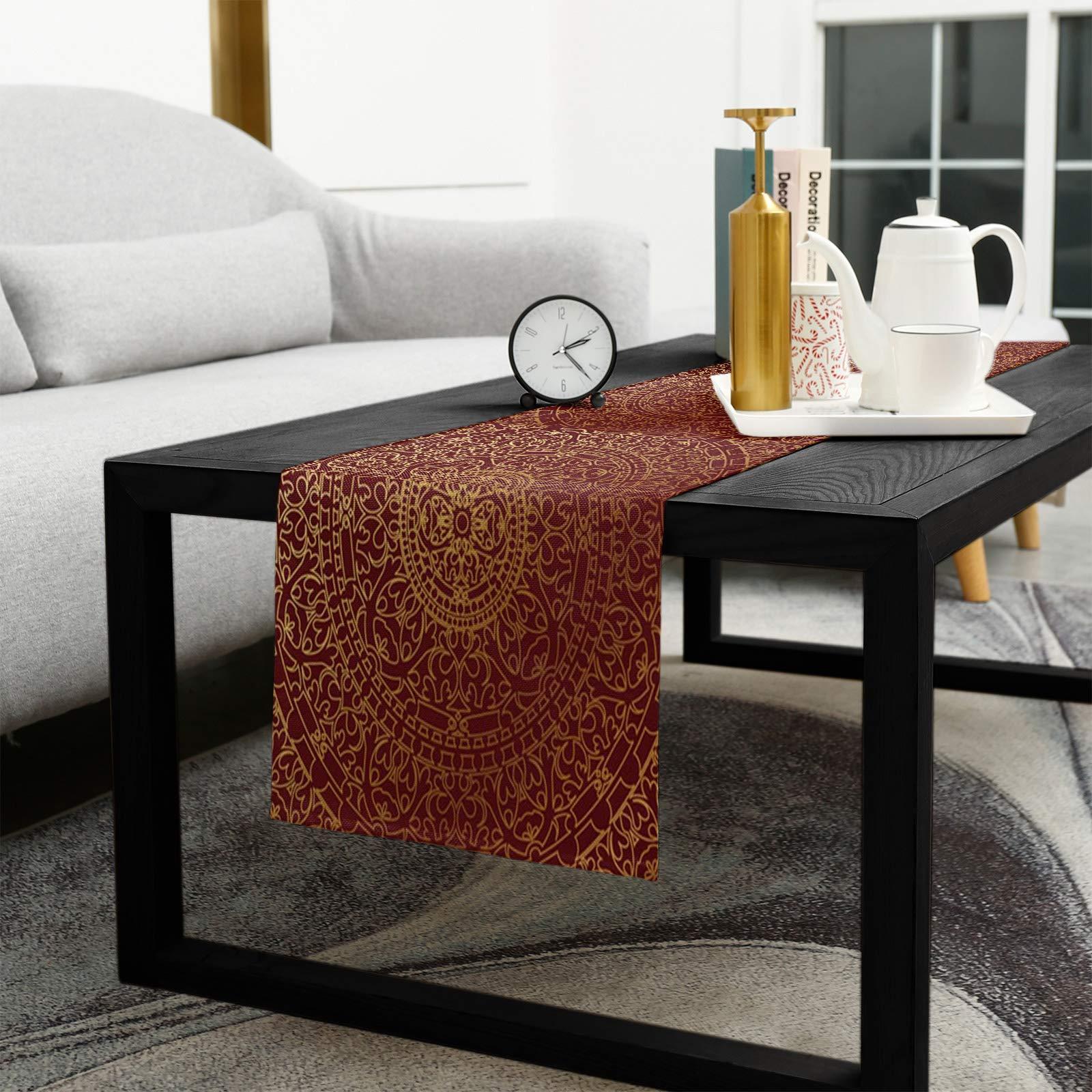 Ldtrchee Golden Simple Oriental Traditional Pattern Burlap Table Runner 72 Inches, Red Gradient Flower Cluster Bed Runner Dresser Scarves Tabletop for Indoor Outdoor Parties/Ceremony, 14\" x 72\"