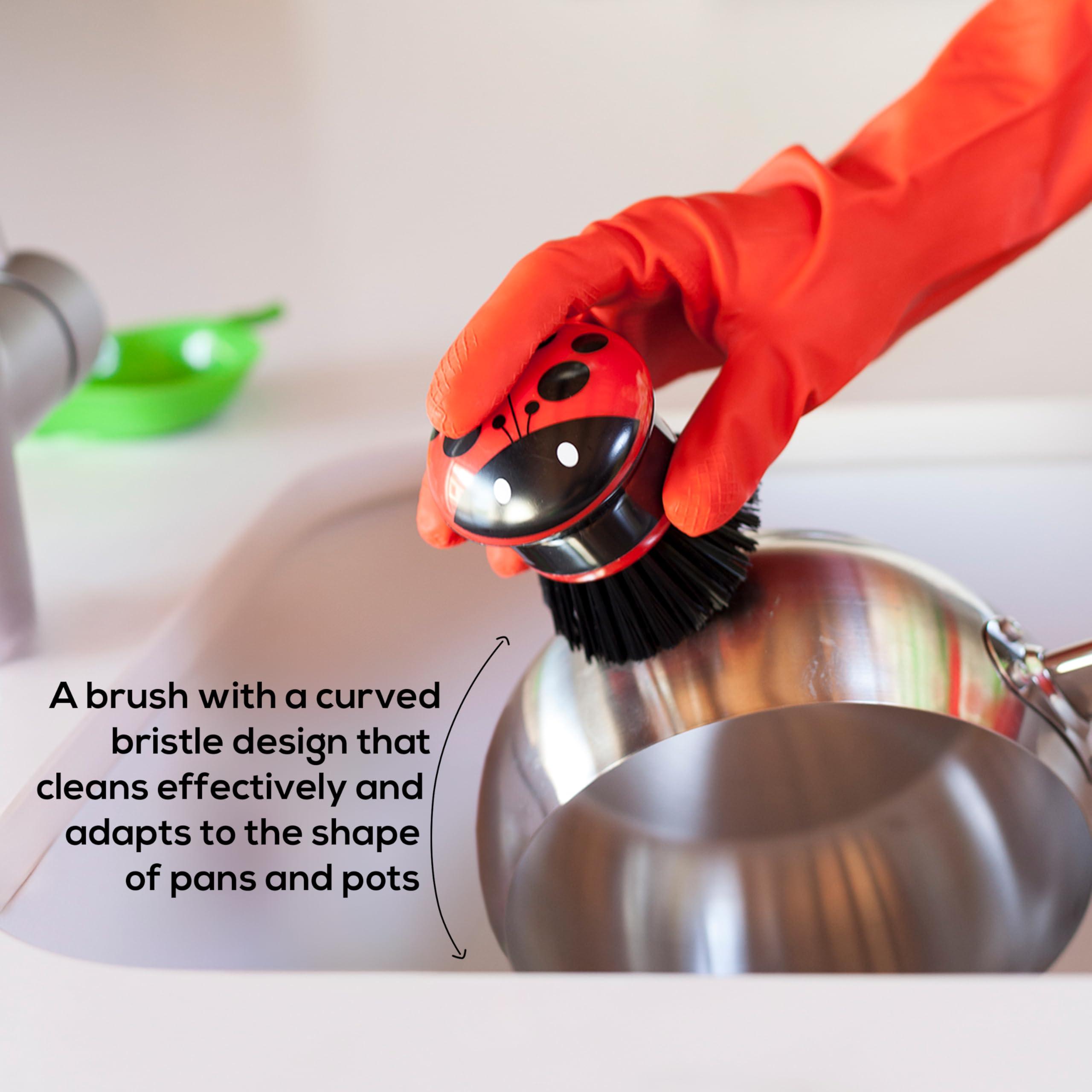 Vigar Vigar Ladybug Palm Dish Scrub Brush with Holder, Perfect Kitchen Brushes for Dishes, Sink Brush and Cleaning Brushes for Household Use, Red, Green