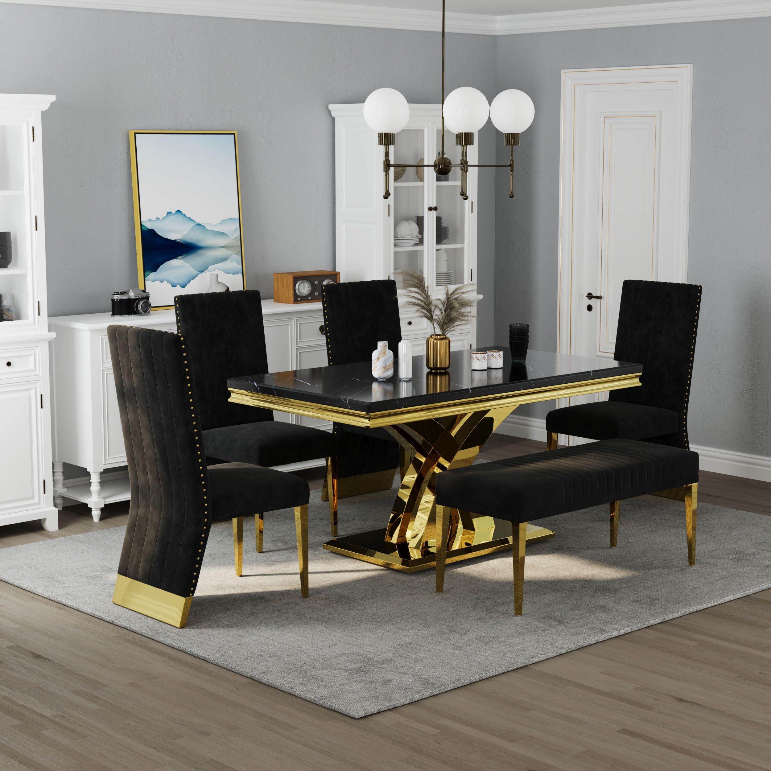 AUZ AUZ 44\" Bench, Black Velvet Upholstered Dining Room Bench, Vertical Channel Ottoman with Gold Stainless Steel Legs