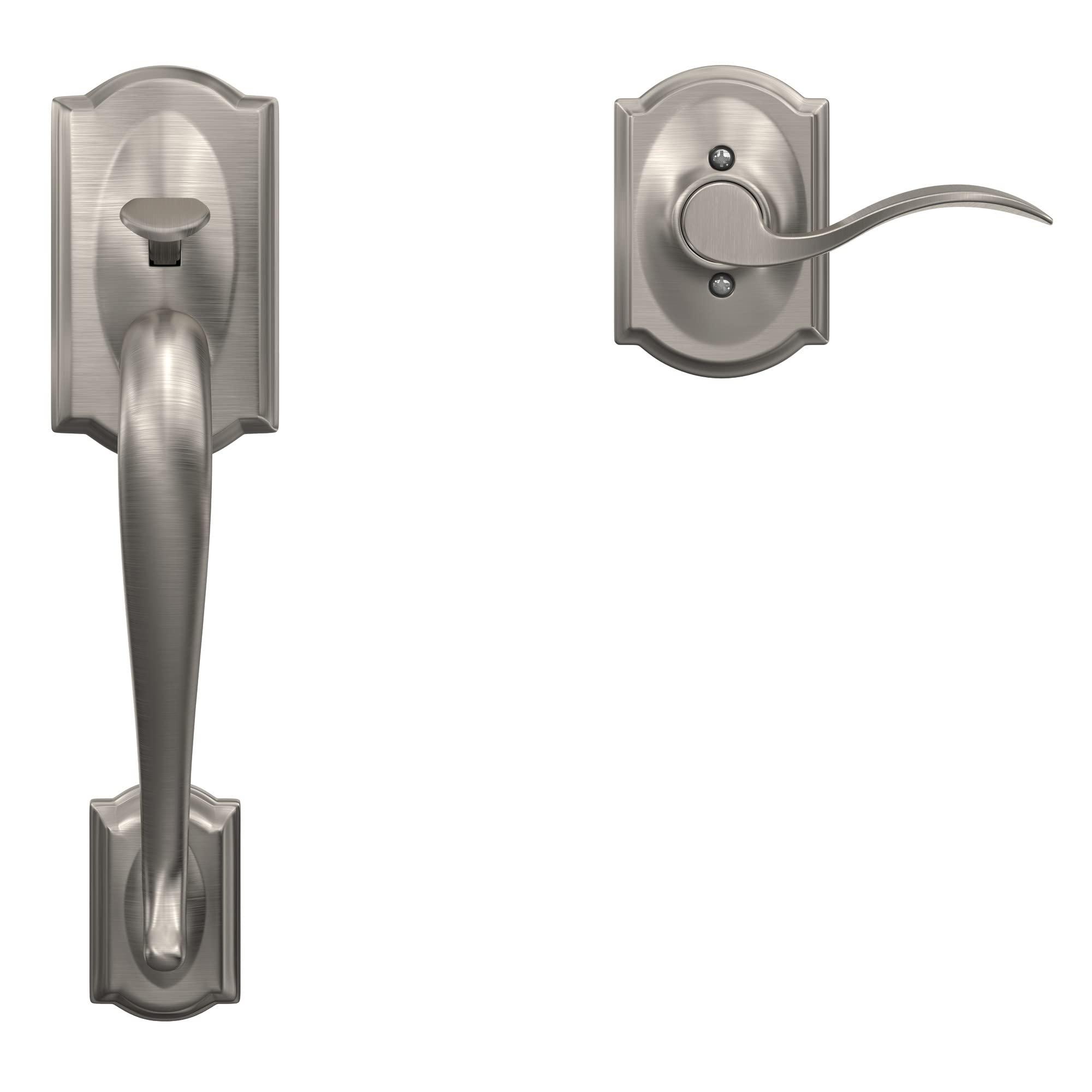 SCHLAGE Schlage FE285 CAM 619 ACC LH Camelot Front Entry Handleset with Left-Handed Accent Lever, Lower Half Grip, Satin Nickel