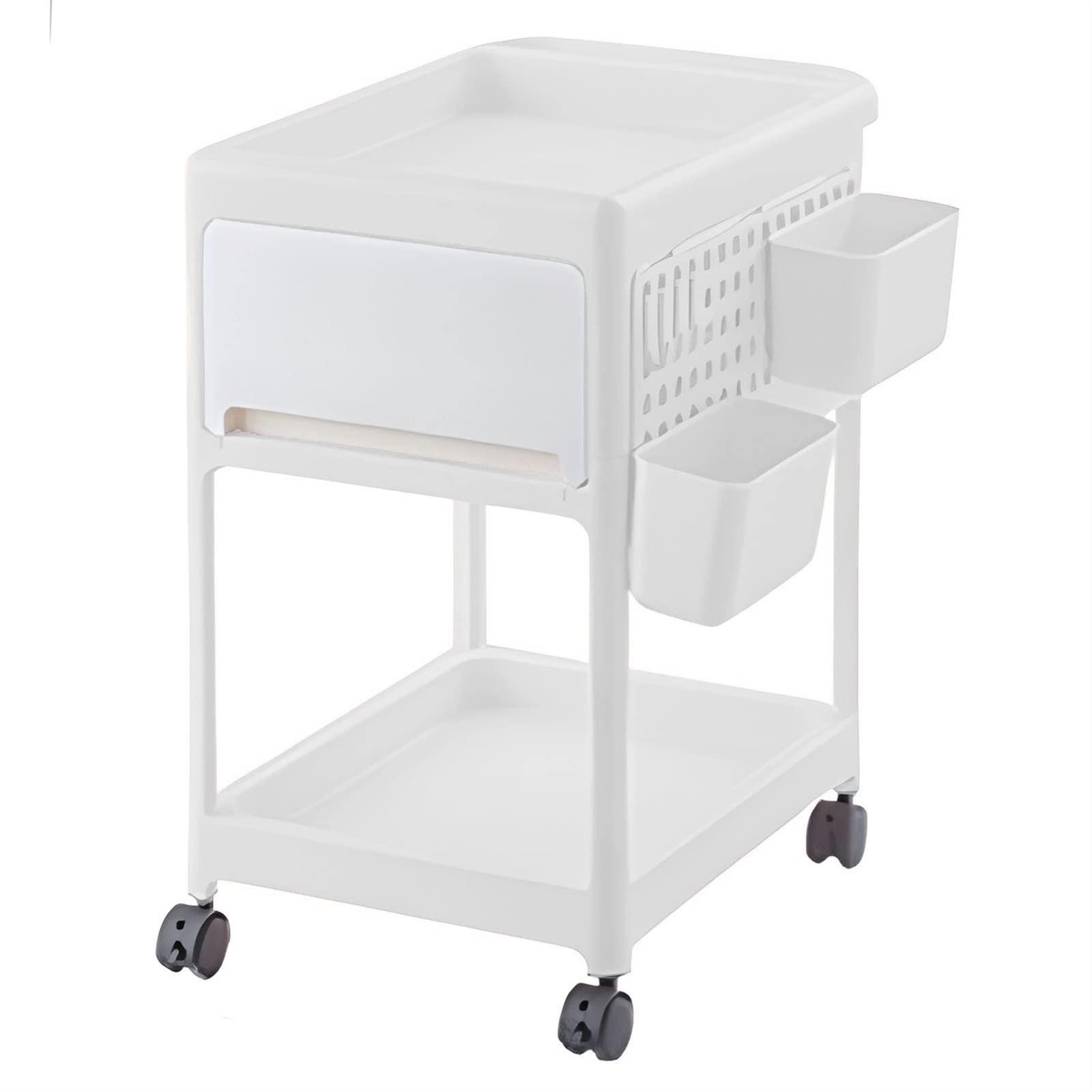HNXMJ 2-Tier Bathroom Storage Trolley with Handle, Compact Rolling Cart Organizer for Groceries, Bathroom Cart with Hanging Cups, Bedroom Storage Cart On Wheels, Storage Rolling Cart Space Saver