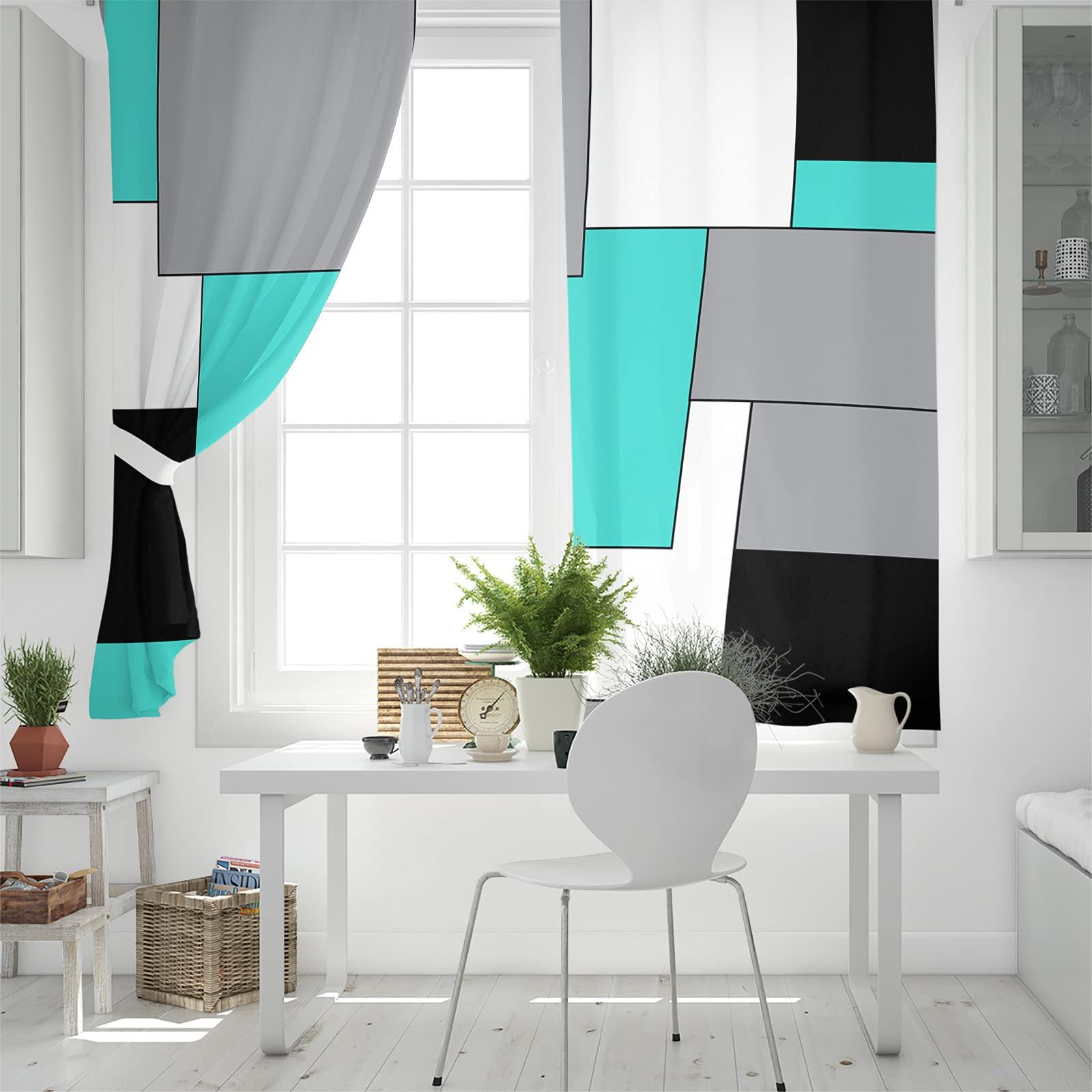 Tersuger Turquoise Black and Grey Blackout Curtains 42x63 inch Length 2 Panels Set, Modern Patchwork Art Abstract Room Darkening Curtains Grommet Thermal Insulated Window Drapes for Living Room Bedroom Decor