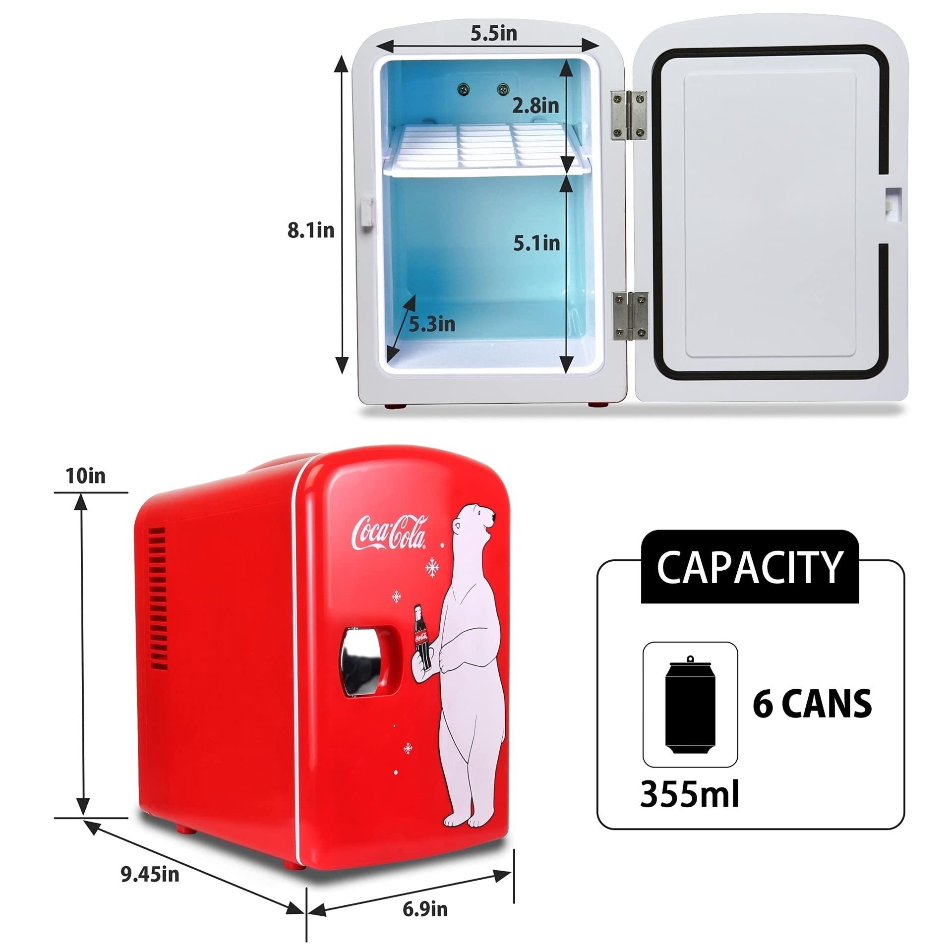 Koolatron Coca Cola Mini Fridge for Bedroom Skincare Cosmatic Office 4L Small Refrigerator Classic Coke Bottle Portable Fridge Mini Fridge for Dorm Fridge Ideal for Snacks Drinks Red