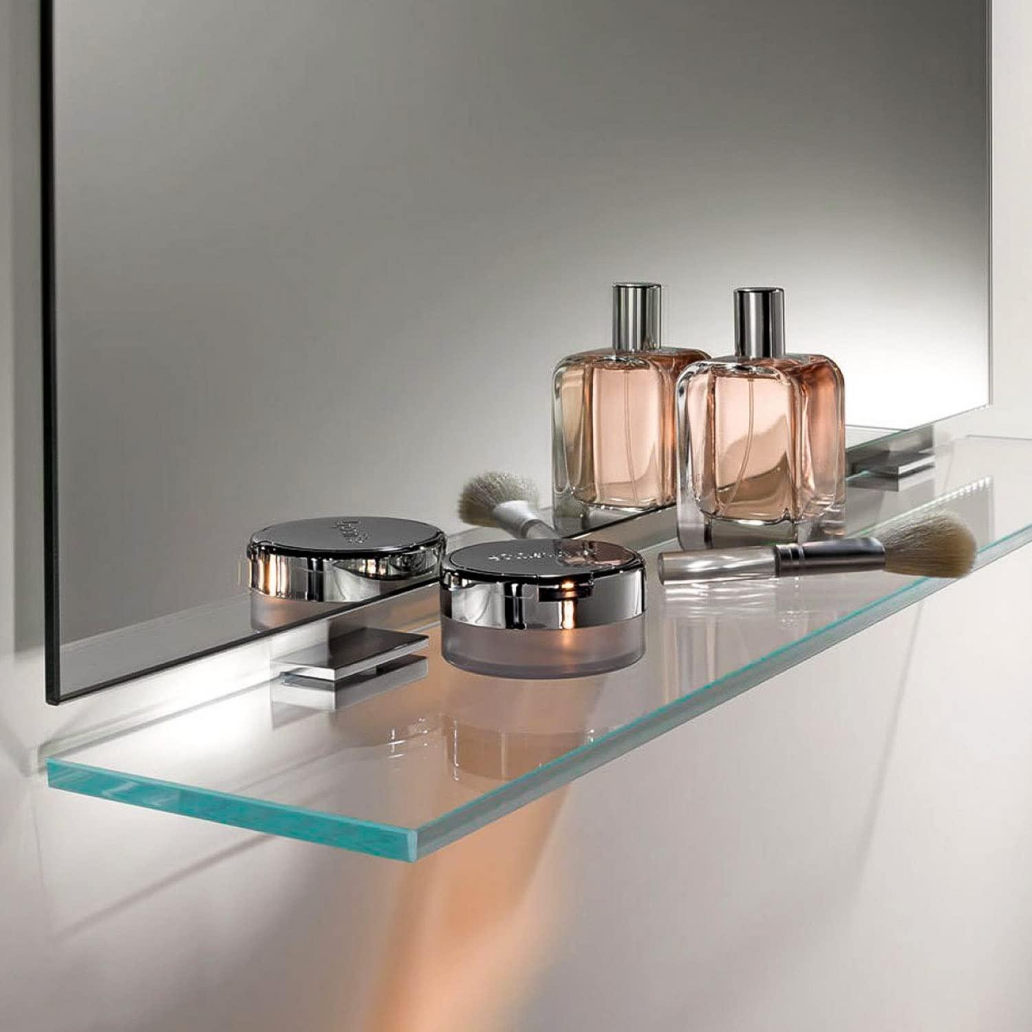 Fab Glass and Mirror Fab Glass and Mirror Rectangle Floating Glass Shelve, 12" X 24" Inches, 3/8 Thick Clear Glass with Flat Polished Edge-?Easy Installation with Screws, and Peacock Chrome Finish Brackets