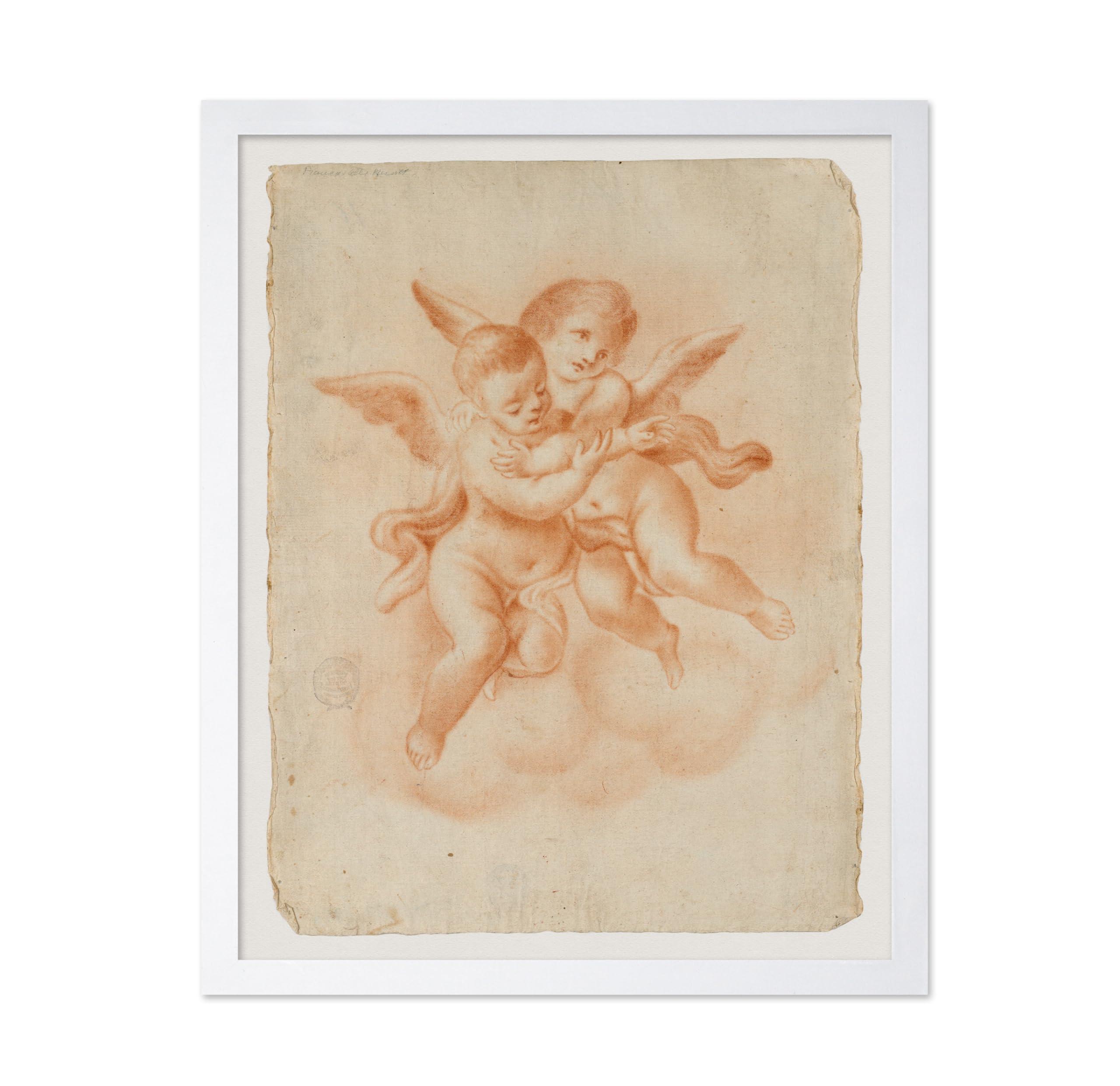 Monem Art Studio Monem Art Vintage Winged Putti in Clouds Poster - Retro Embrace Print - Mythology Art - Putto Art - Gift for Men & Women - Decor for Office, Kid\'s Room or Living Room, 16x20 White Framed