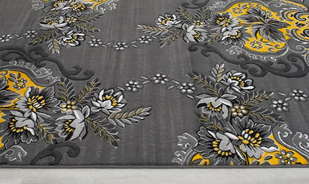 Champion Rugs Champion Rugs Modern Floral Traditional Yellow Grey Black Area Rug Carpet (5 3 X 7 5)