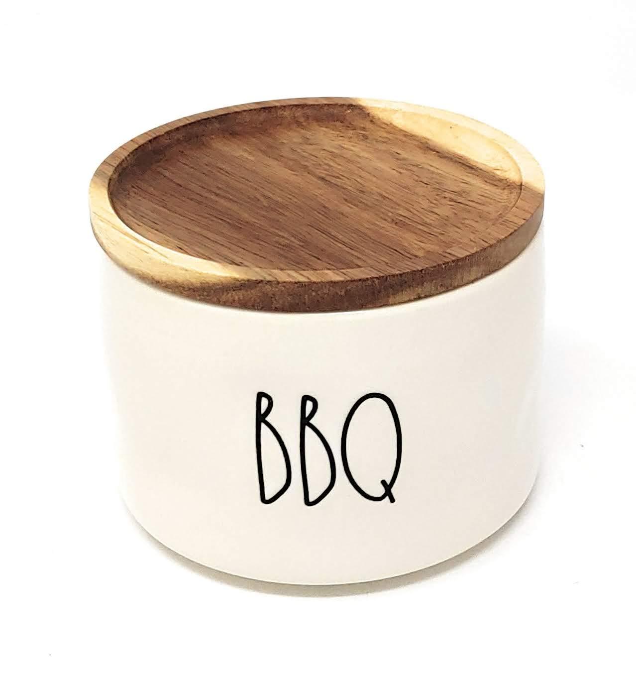 Magenta Collection Rae Dunn by Magenta, unique with perfect imperfections. SPICE, BBQ, RUB- Stacked ceramic canister set, beige, black LL, 10in x 4.25in x 4.25in