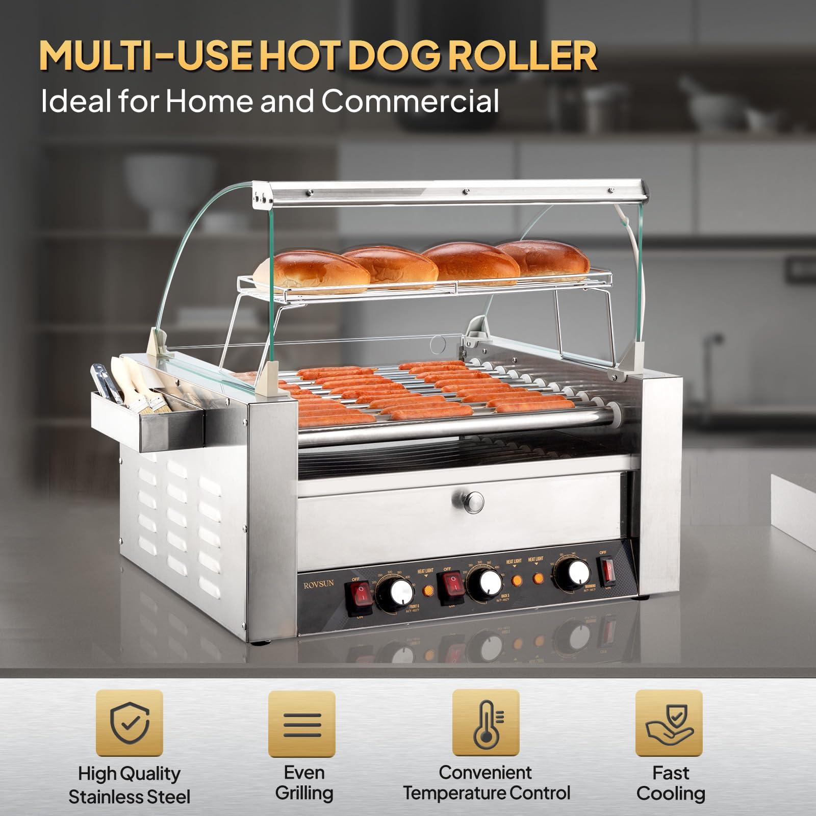 ROVSUN ROVSUN 30 Hot Dog 11 Roller, Hot Dog Roller Warmer Grill Cooker Machine w/Bun Warmer, Cover, Dual Temp Control, LED Light, Removable Shelf & Drip Tray for Party Home Commercial 2000W ETL Certified
