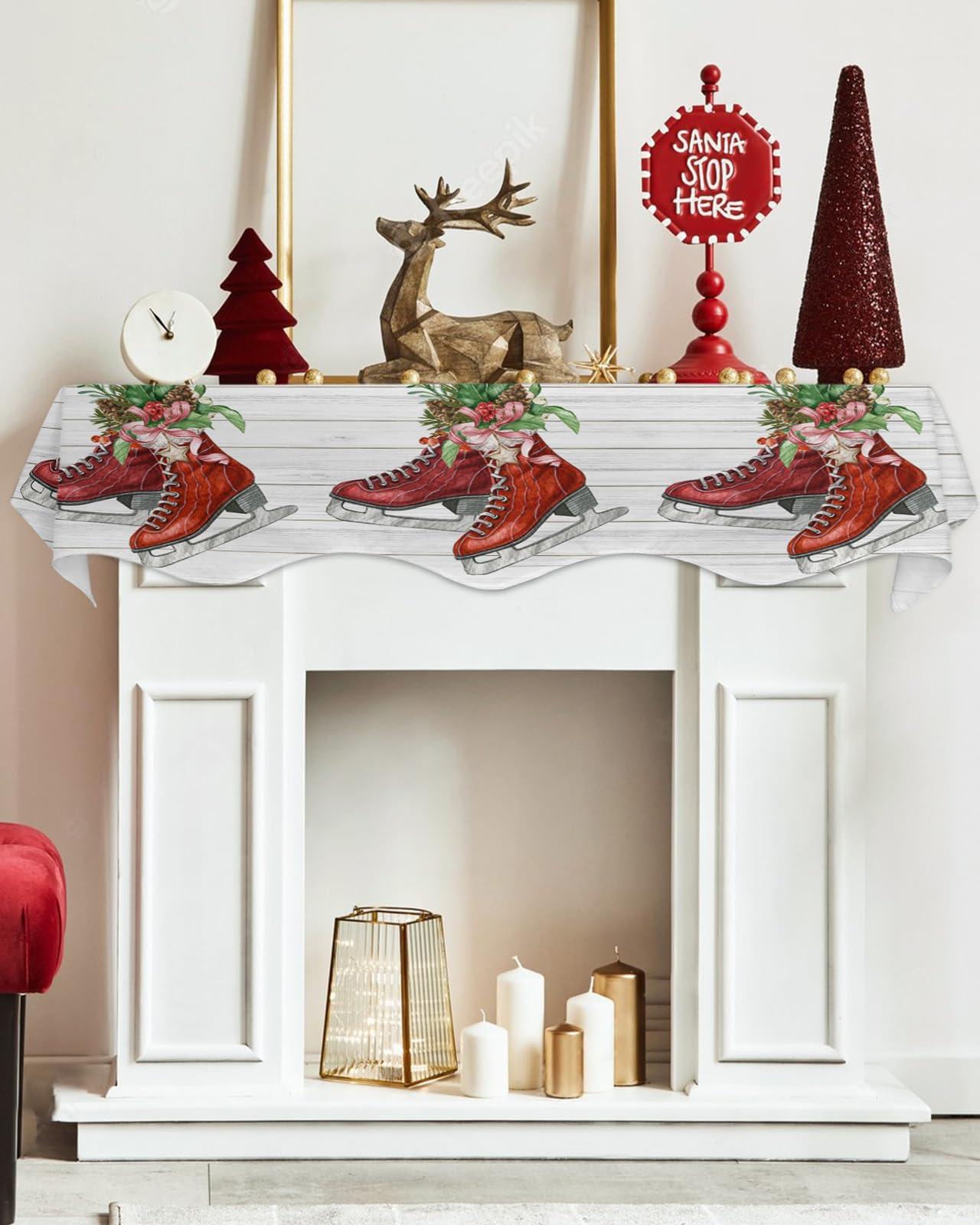 Onekaccu Onekaccu Christmas Fireplace Mantle Scarf, Fireplace Scarf Cover Mantel Shelf Top Scarf Runner Pine Needle Red Skates Rustic Wooden Mantel Cover Fireplace Decoration for Holiday Living Room 90"x17"