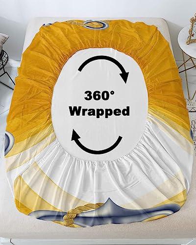 ZFUNCING Marine Nautical Silver Ship Anchor Fitted Bed Sheets Twin XL Size Fit 5-16inch Deep Pockets,Luxury Bottom Sheet Bedding Set with Pillow Case,Yellow Gradient Art Wave Stripe Fitted Sheet for Mattress