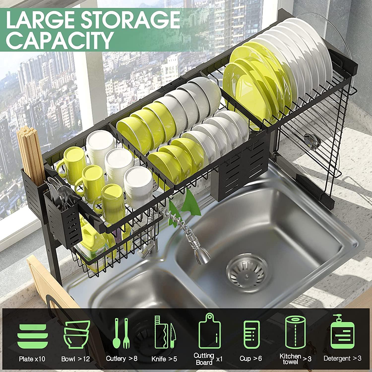 HAOKTSB Dish drainer Over The Sink Dish Drainer, 2-Tier Dish Rack Above Sink, Multipurpose Large Dish Drying Rack Drainer with Pot Lid Holder, Kitchen Countertop Shelf Organizer with Cutlery Cutting Board Hol