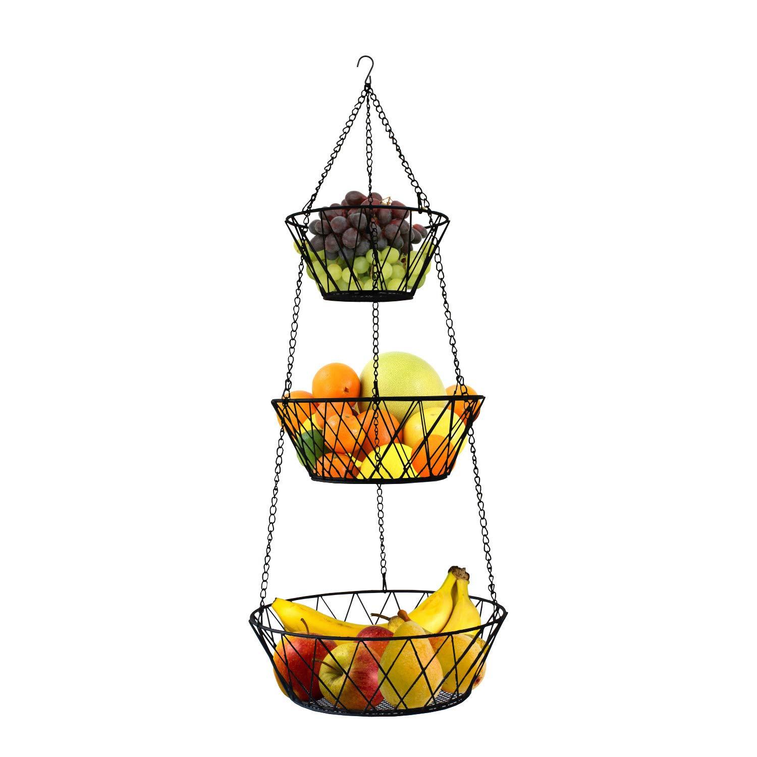 Blue Donuts Heavy Duty - 3 Tier Hanging Kitchen Black Fruit Basket