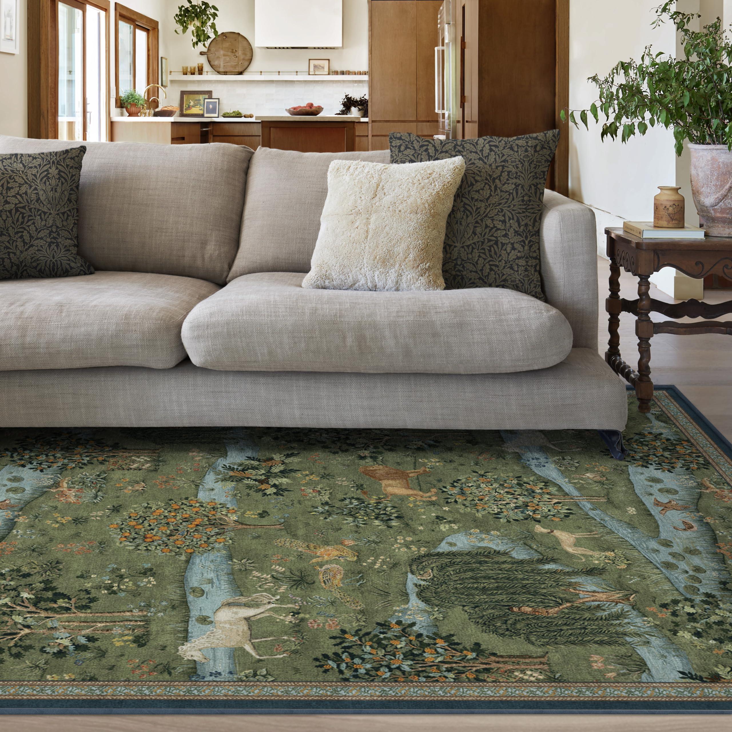 RUGGABLE RUGGABLE x Morris & Co Washable 6x9 Area Rug, Owl & Willow Green, Premium Rugs for Living Room, Bedroom, Kitchen, Office, Classroom with Gripper Non Slip Pad