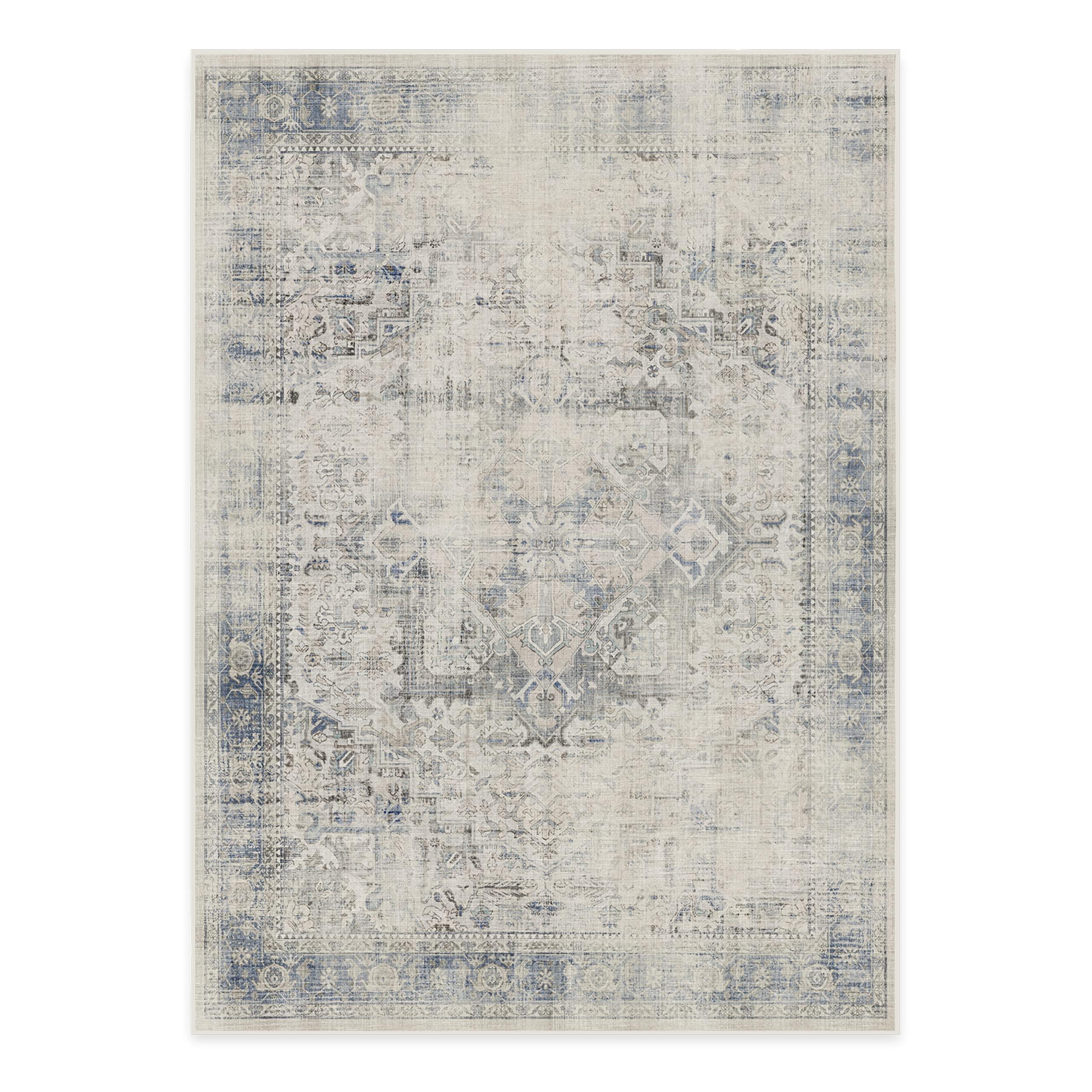 RUGGABLE Ruggable Washable 5x7 Area Rug, Kamran Blue Quartz, Premium Vintage Rugs for Living Room, Bedroom, Kitchen, Office, Classroom with Gripper Non Slip Pad