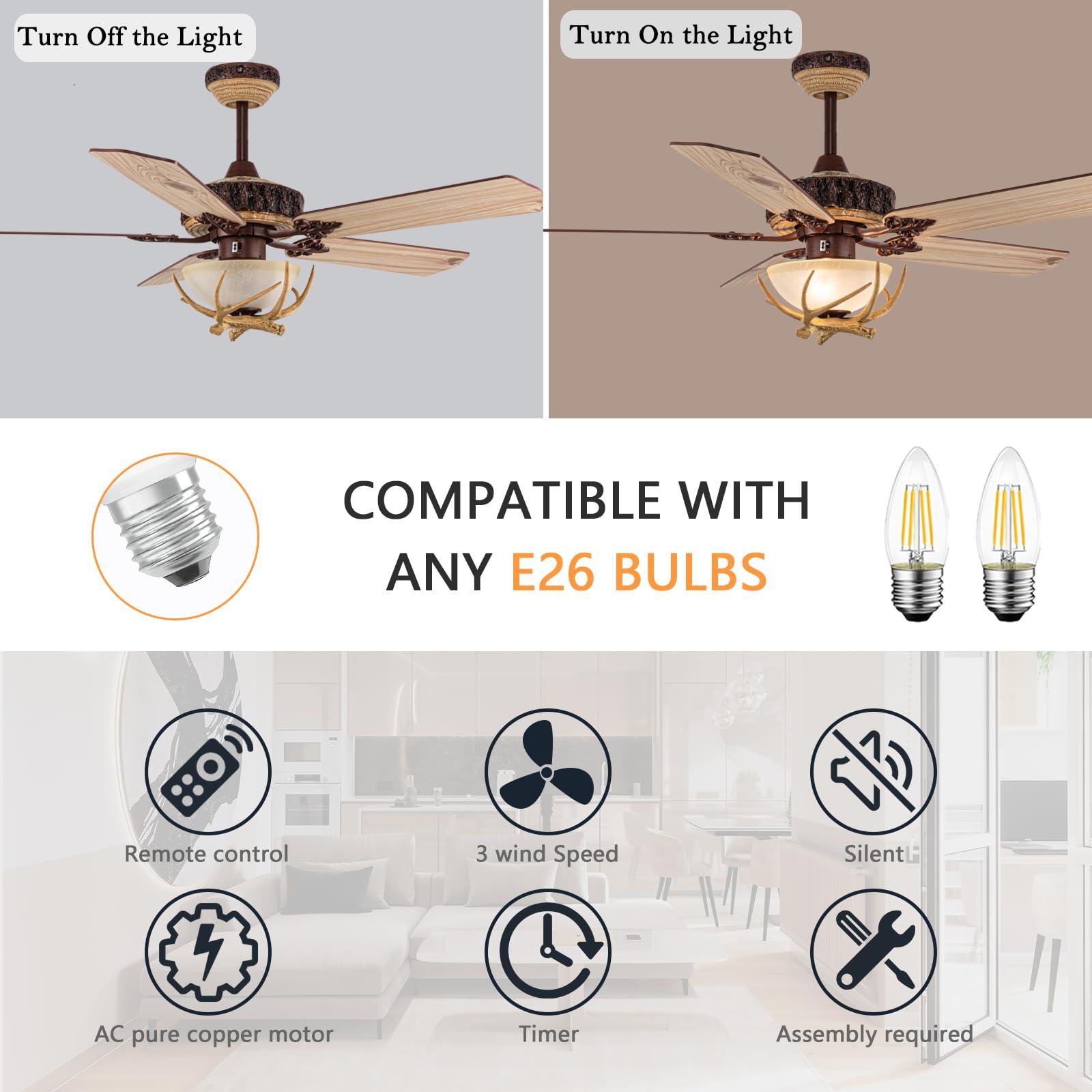 Tropwellhouse Tropwellhouse Indoor Rustic Ceiling Fan with Light and 5 Wood Blades, Modern Antler Ceiling Fan Homer Decoration for Bedroom Living Room Farmhouse Chandelider Fan with Remote of 52Inch (Bronze)