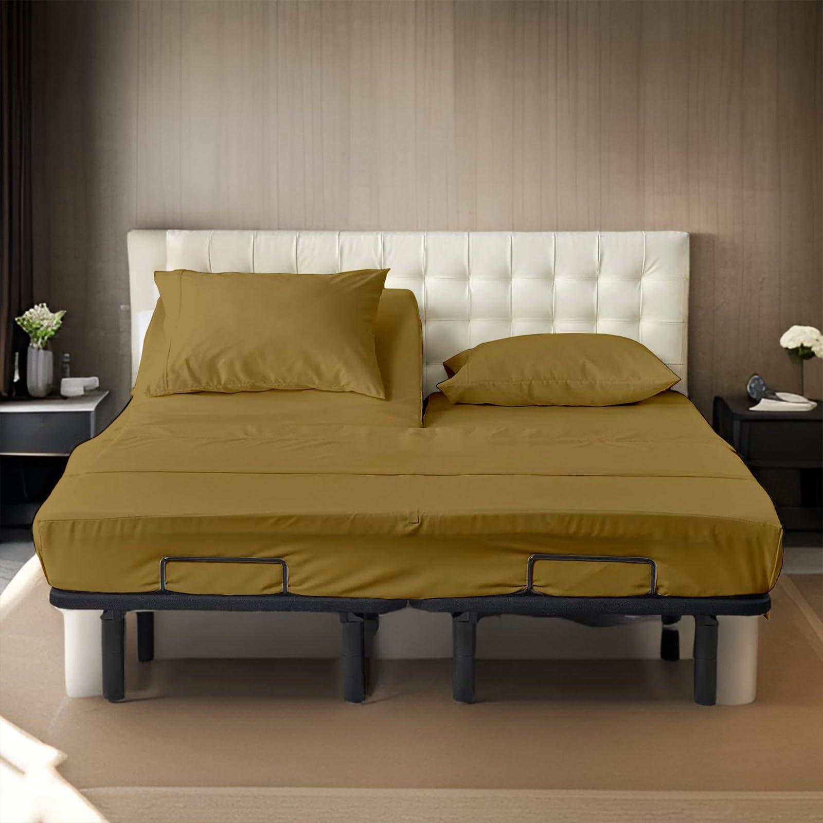 Shreem Linen Split Head Flex Cal-King Sheets for Adjustable Beds, Flex Top Cal-King Sheets for Sleep Number Bed 100% Egyptian Cotton - 4Pcs Sheet Set -28\" Top Split Sheets to fit Upto 16\" Deep (Taupe Solid)