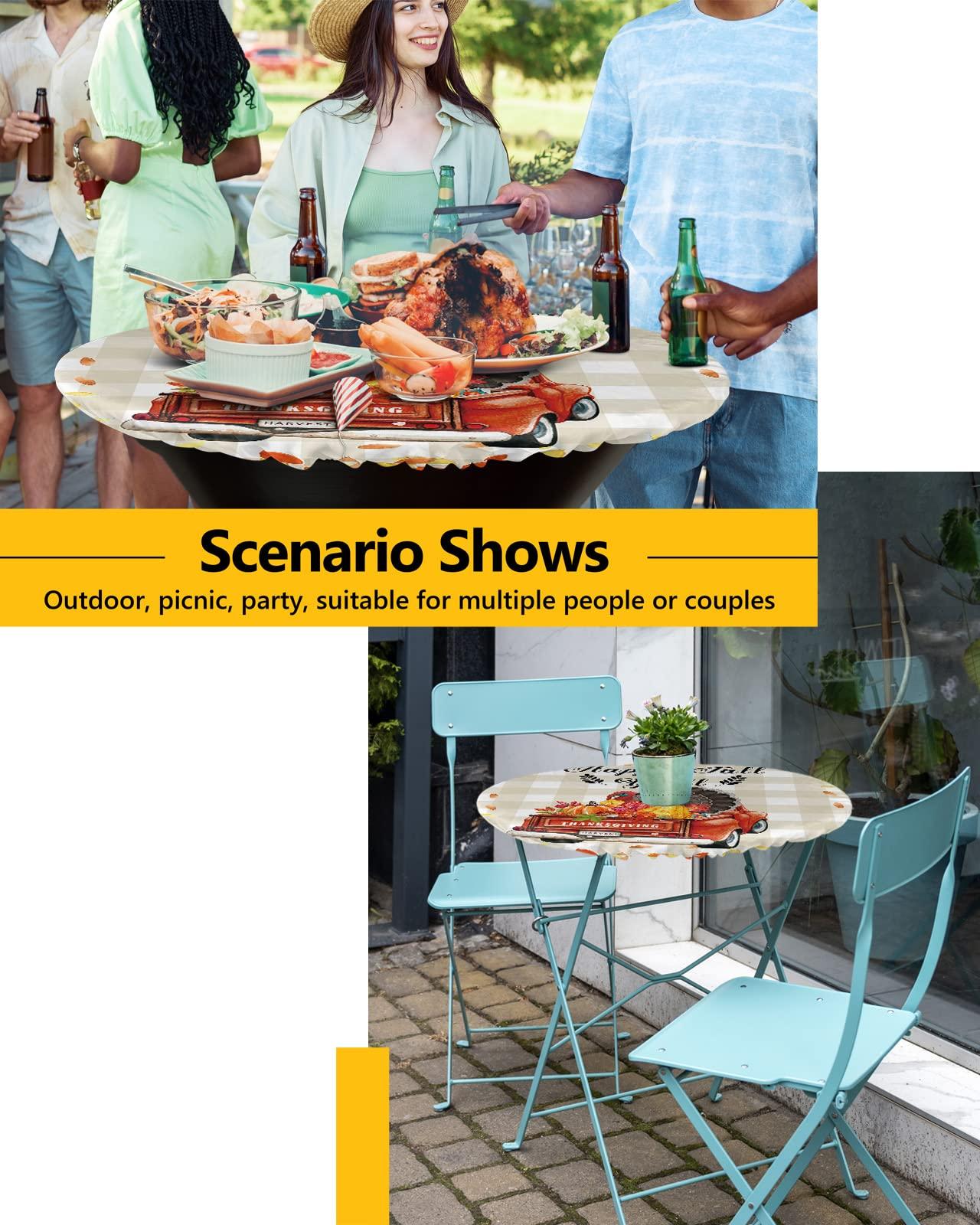 SEVENBABU Round Table Cover 55-60 Inch, Waterproof Reusable Table Cloth Round Fitted Vinyl Tablecloth with Elastic Edged for Party, Happy Fall Y\'all Farm Truck with Turkey Floral Leaves Modern Checkered