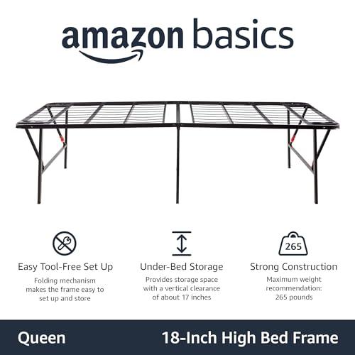 Amazon Basics Amazon Basics Bed Frame with Storage, Foldable Metal Platform, Sturdy Steel, No Box Spring Needed, 18 Inches High, Tool-Free Setup, Queen Size, Black