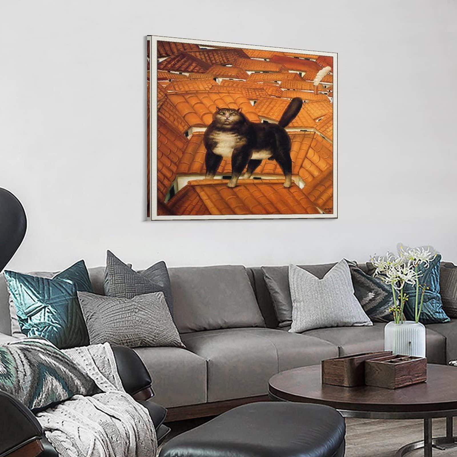 Generic Fernando Botero -Cat on A Roof Print Photo Art Painting Canvas Poster Home Decorative Bedroom Modern Decor Posters Gifts 24x24inch(60x60cm)