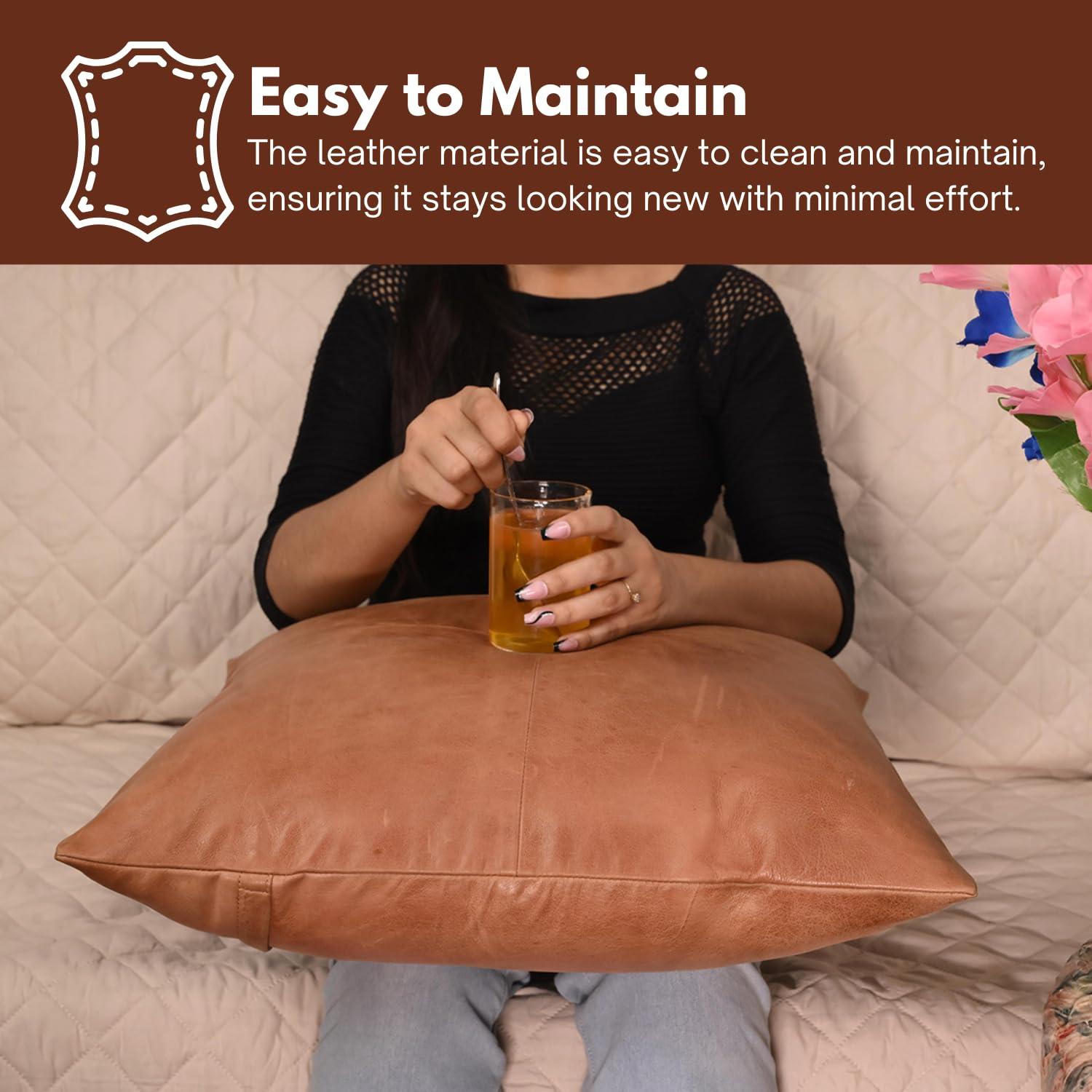 Azrah Traders Azrah Traders Lambskin Leather Pillow Cover - Sofa Cushion Case - Decorative Throw Covers for Living Room & Bedroom, 16x16 Inches - Antique Brown Plain