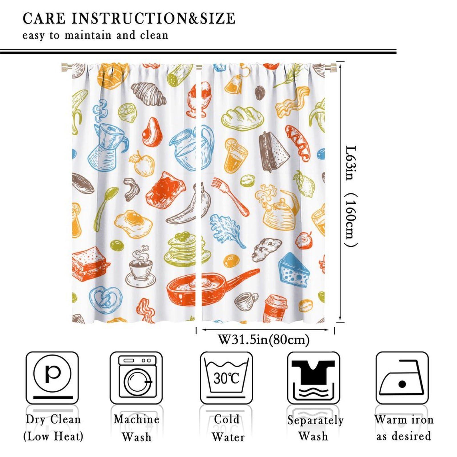 Chocolatemaoutdash Breakfast and Morning Blackout Curtains Vector Breakfast Food,Meal and Drinks Rod Pocket Thermal Insulated Drapes Darkening Window Curtain for Bedroom Living Room Kitchen 31.5x63in x 2